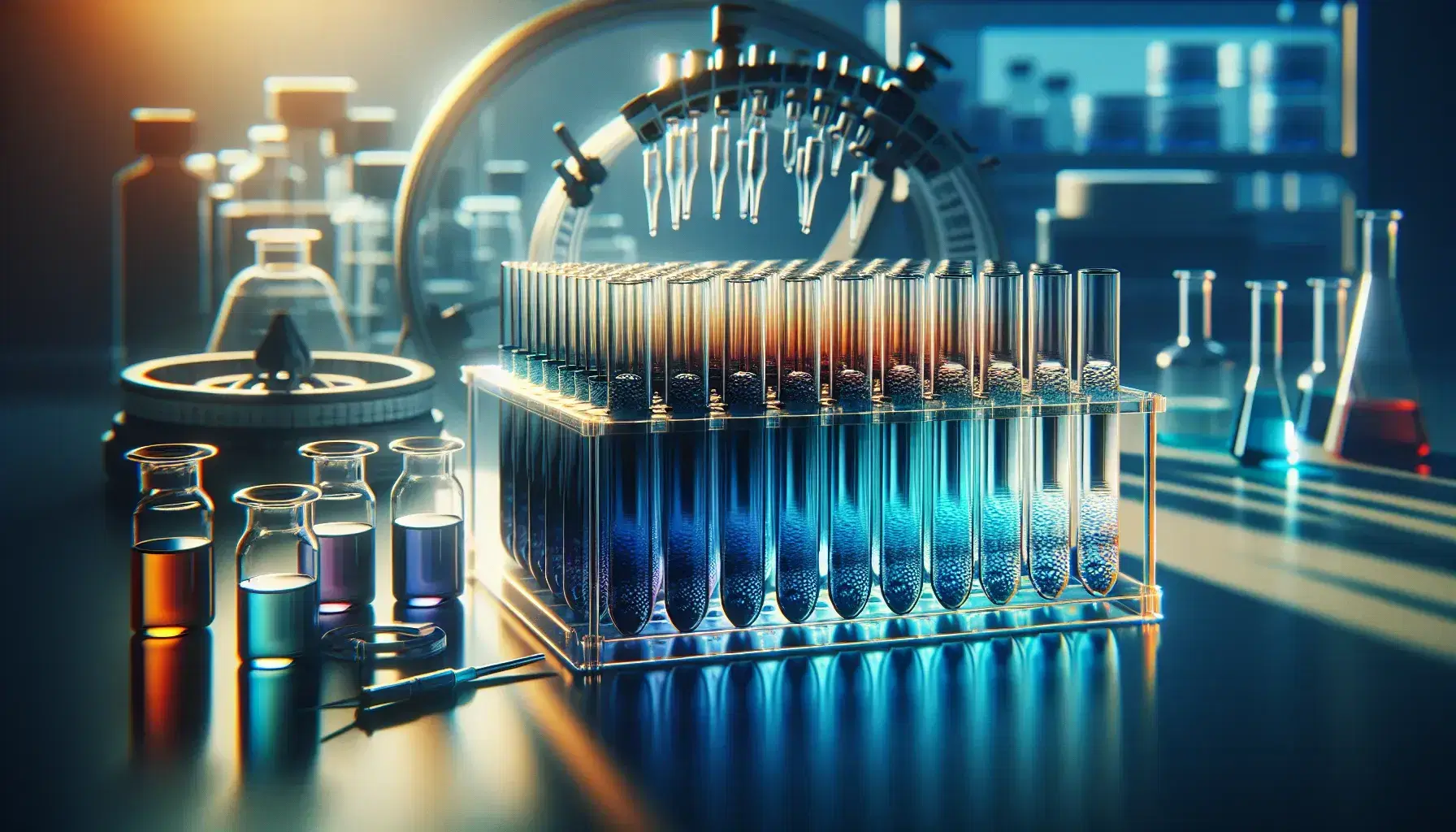 Serie di provette trasparenti con soluzioni colorate in gradiente di densità da blu scuro a chiaro su supporto da laboratorio accanto a centrifuga aperta.
