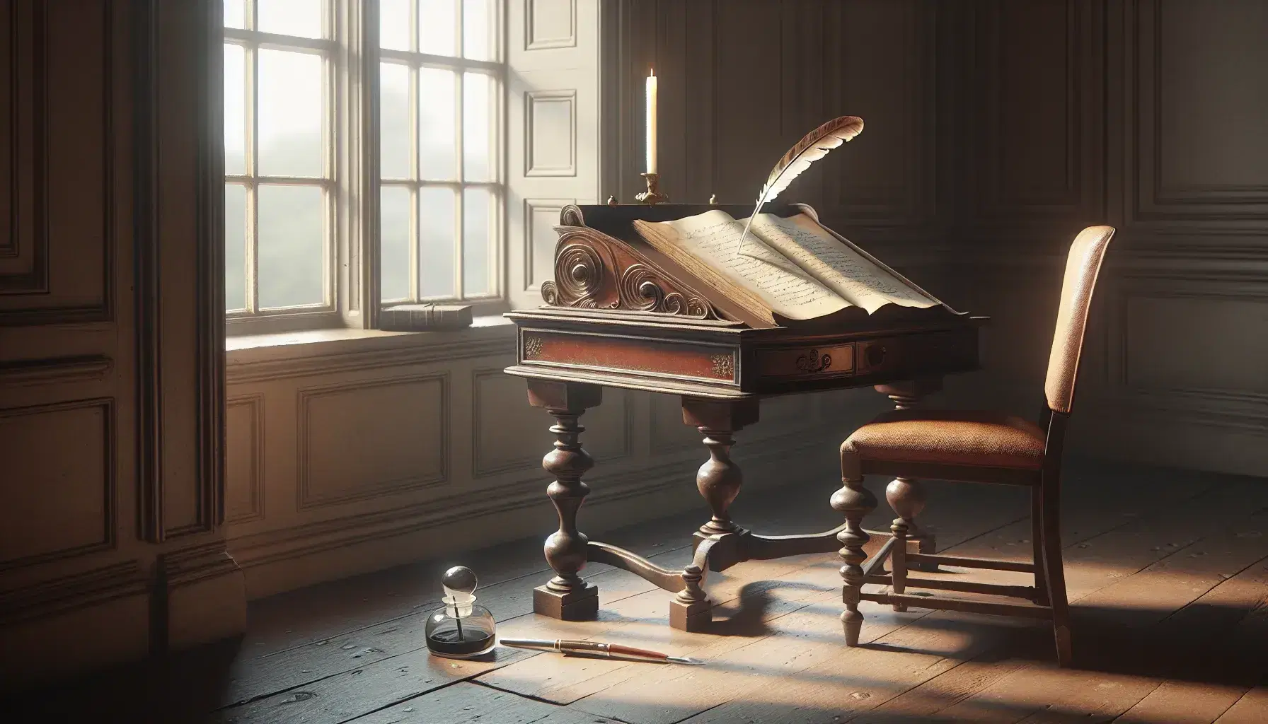 18th-century writing desk with open leather-bound book, quill pen, and inkwell in a softly lit room with a window and wooden chair.
