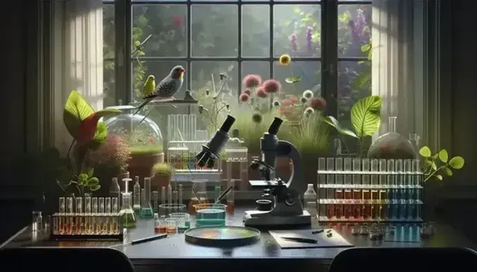 Laboratory with microscope, pipette, colored petri dishes, test tubes and zebra finches in terrarium, natural light from flower garden.