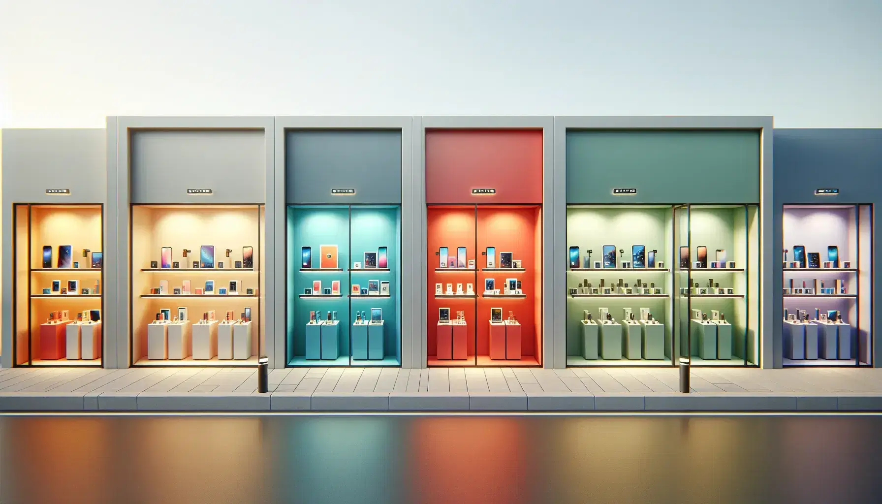 Four modern storefronts in a row with vibrant red, blue, green, and subtle yellow displays featuring neatly arranged electronics under soft lighting on a clear day.