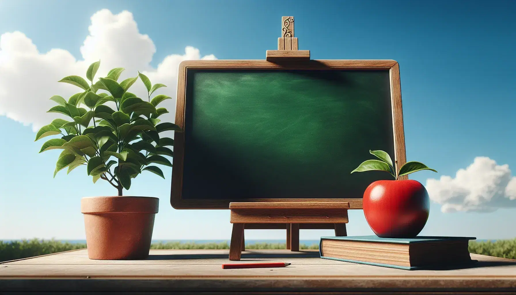 Bright red apple on a vintage wooden teacher's desk in front of a clean chalkboard, with a potted plant and blue sky background.