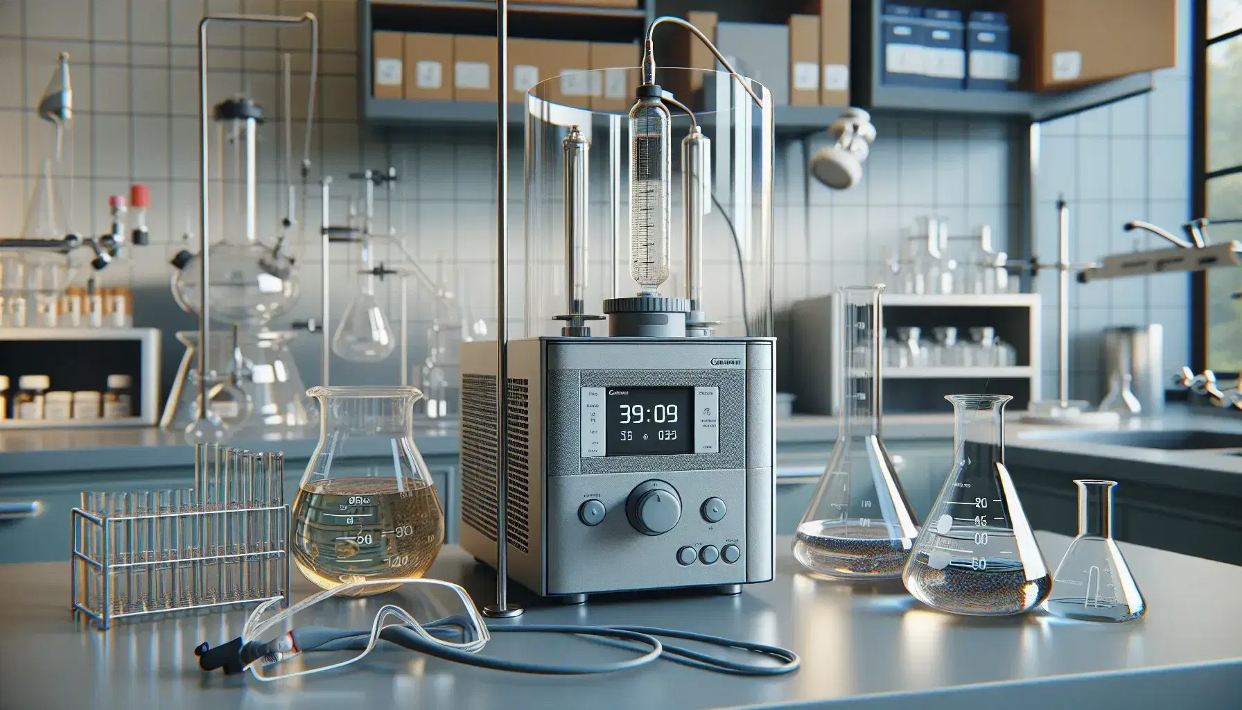 Science laboratory with modern calorimeter in the center, three beakers with colorless liquids on the left and safety glasses and gloves on the right.