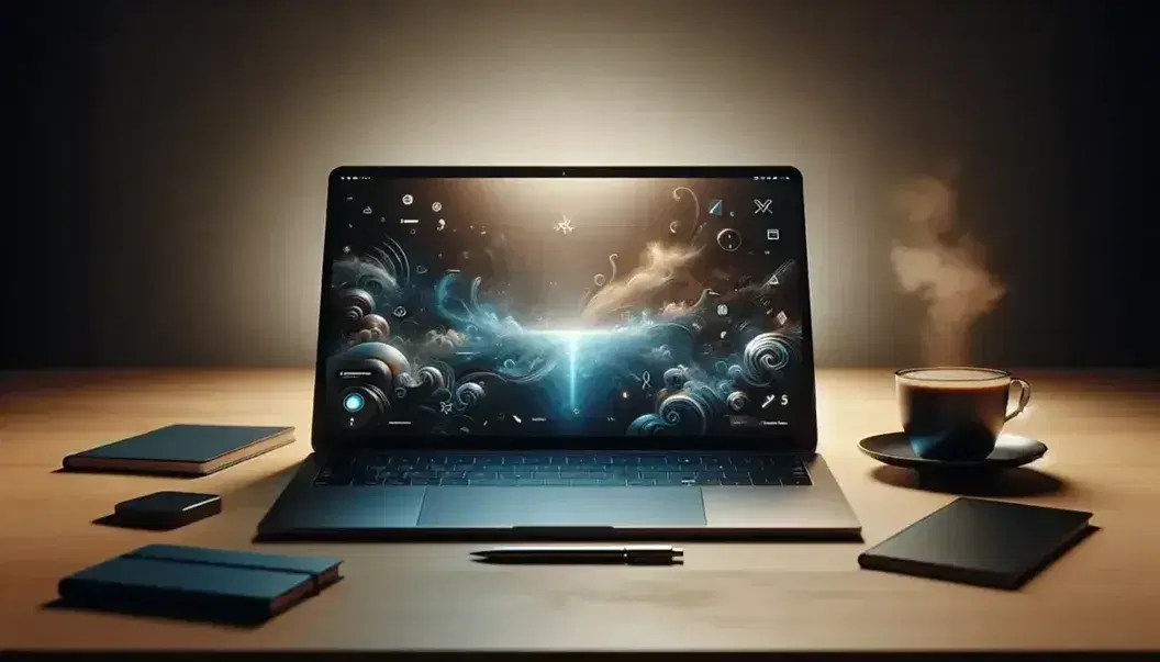 Laptop moderna encendida en escritorio de madera clara con taza de café humeante a la derecha y cuaderno azul con bolígrafo plateado a la izquierda.