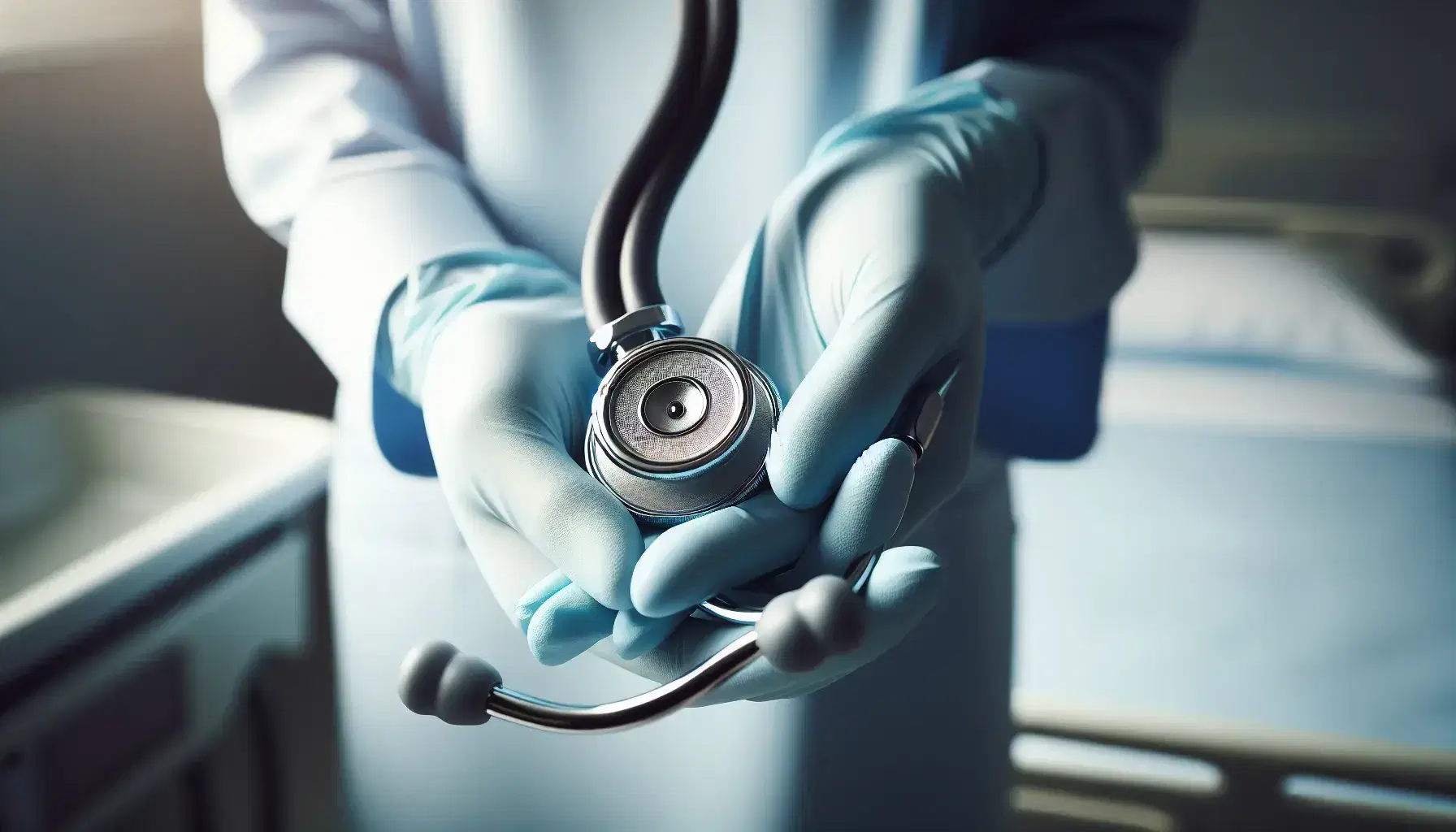 Manos de enfermera con guantes azules sosteniendo un estetoscopio en un entorno hospitalario difuminado, transmitiendo profesionalismo y cuidado médico.