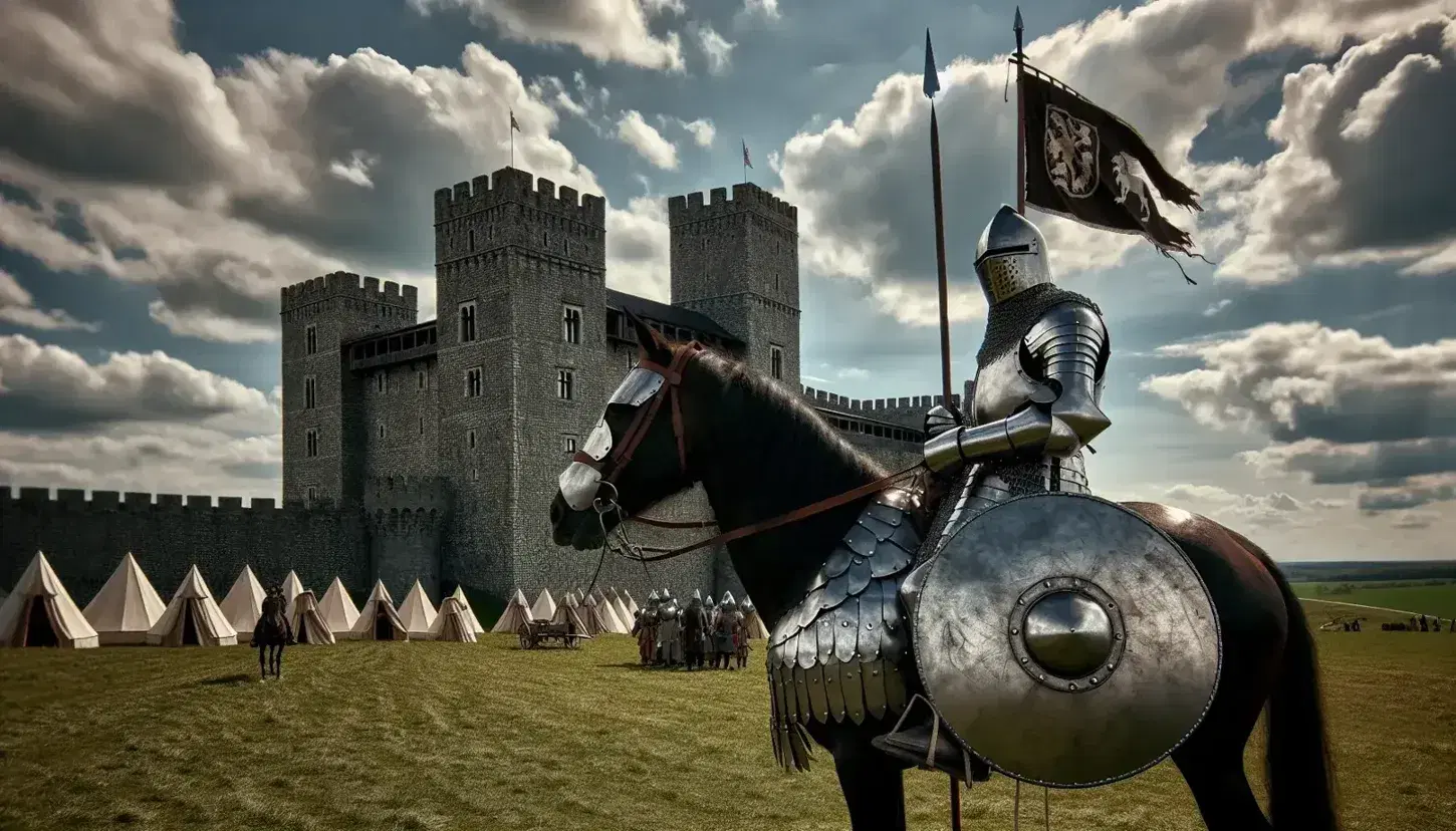 Reconstrucción histórica de un castillo medieval de piedra gris con torres altas y almenas, caballero en armadura sobre caballo marrón oscuro, escudo redondo y estandarte rojo ondeante, cielo parcialmente nublado y campo verde.