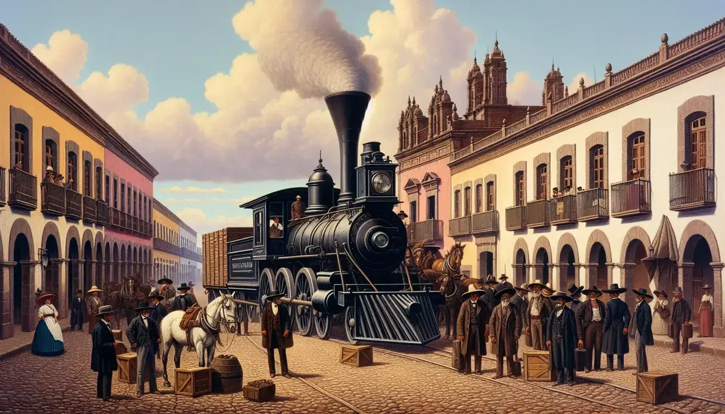 Locomotora de vapor negra en calle empedrada del Porfiriato con hombres en atuendos de época, edificios coloniales y carruaje tirado por caballos.
