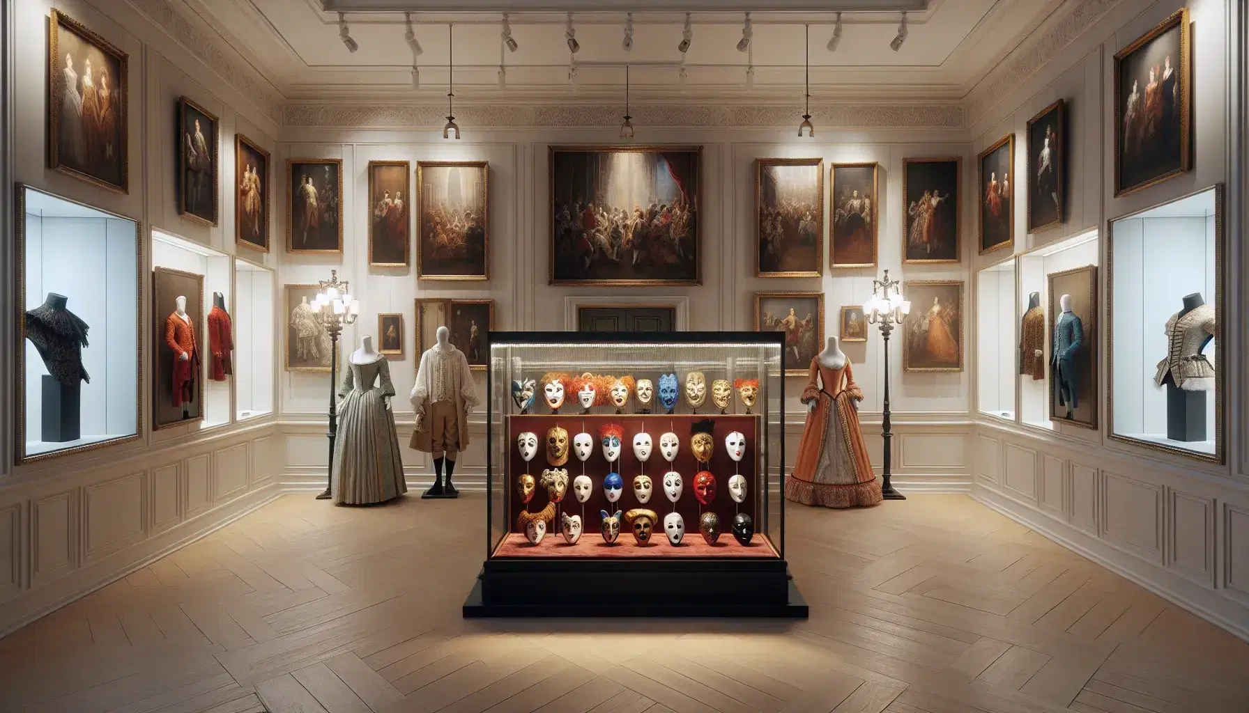 Sala de exposición con vitrina central de máscaras teatrales coloridas sobre terciopelo rojo, maniquíes con trajes de época y cuadros de escenas clásicas en pared trasera.
