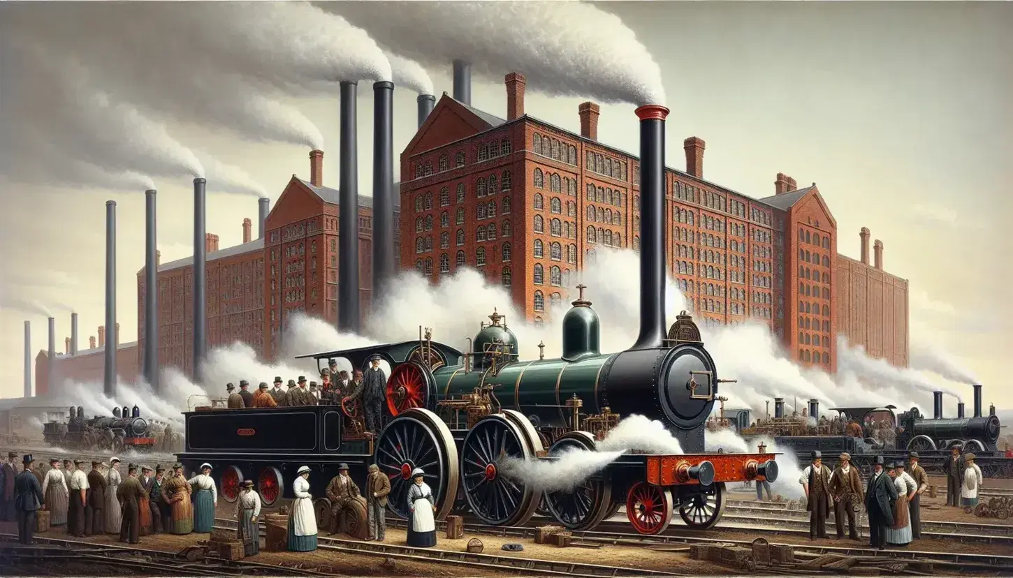 Early Industrial Revolution scene with a steam engine, workers, and red-brick factory buildings under a clear blue sky.
