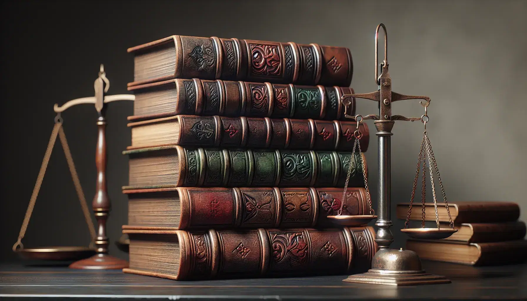 Pila de libros artesanales con tapas de cuero sobre mesa de madera oscura junto a balanza de justicia metálica equilibrada, en ambiente suavemente iluminado.