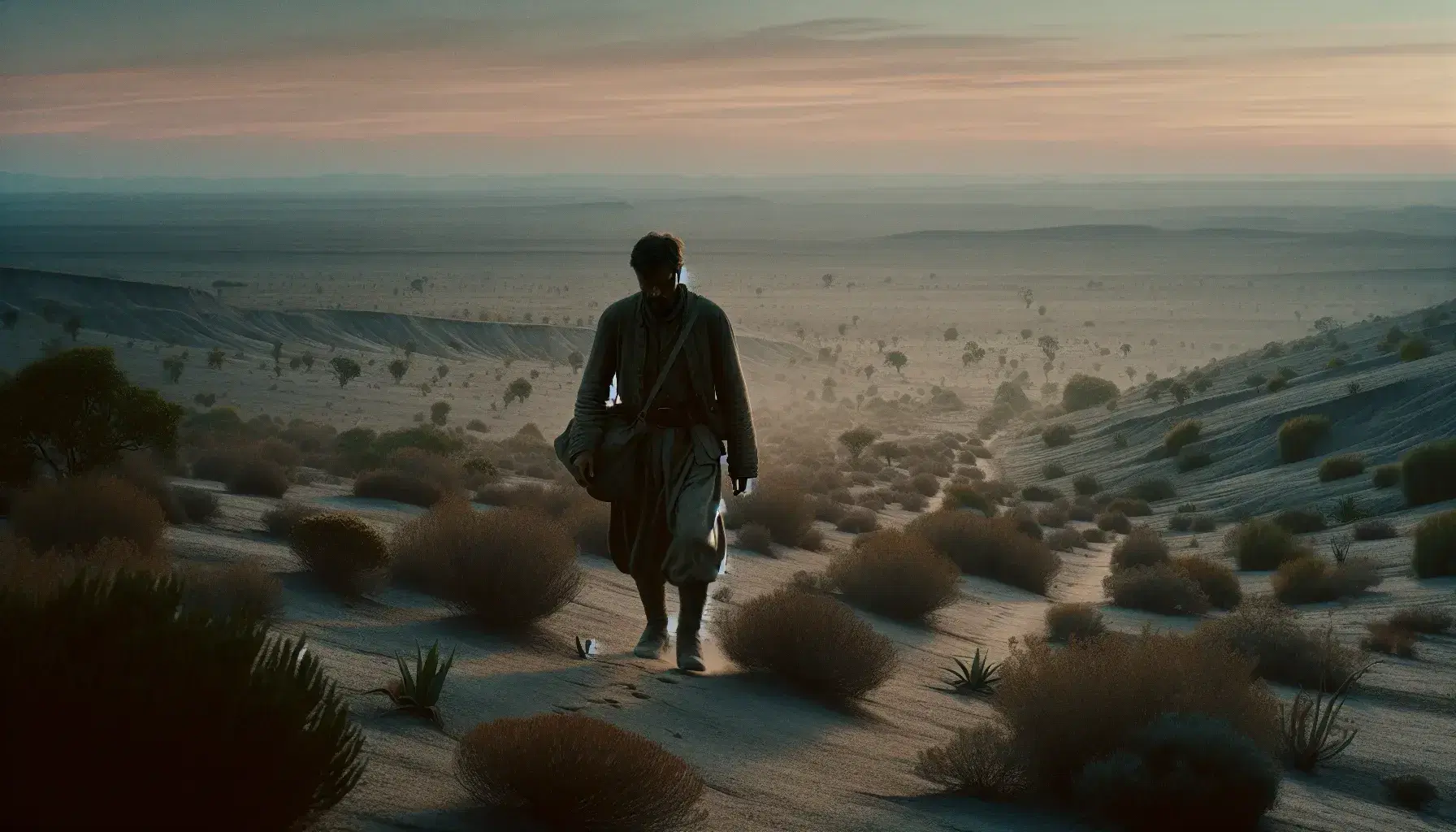 Man walking in desolate landscape at dawn or dusk, with long shadows, sparse vegetation, and a gradient sky from orange to blue.