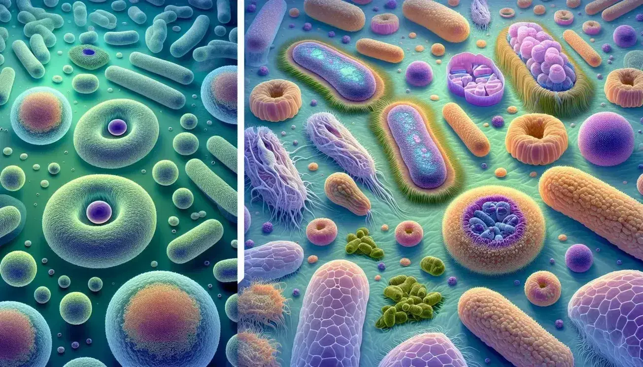 Vista microscópica contrastando células procariontes azul-verdosas y eucariontes con núcleos violetas, mitocondrias naranjas y células vegetales y fúngicas.