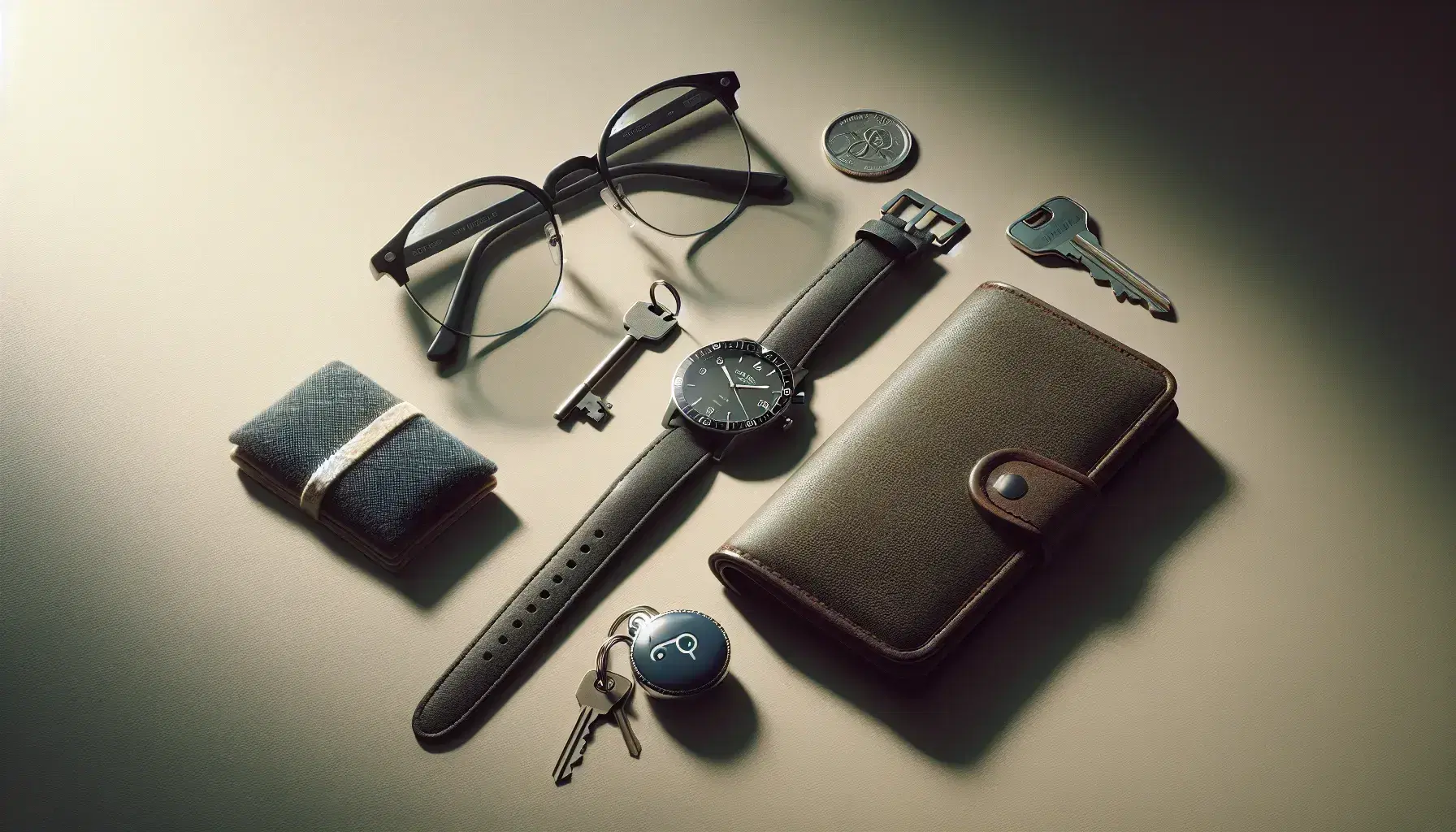 Occhiali con montatura nera, portafoglio in pelle marrone, chiave con portachiavi tessile blu, orologio con cinturino nero e astuccio verde.