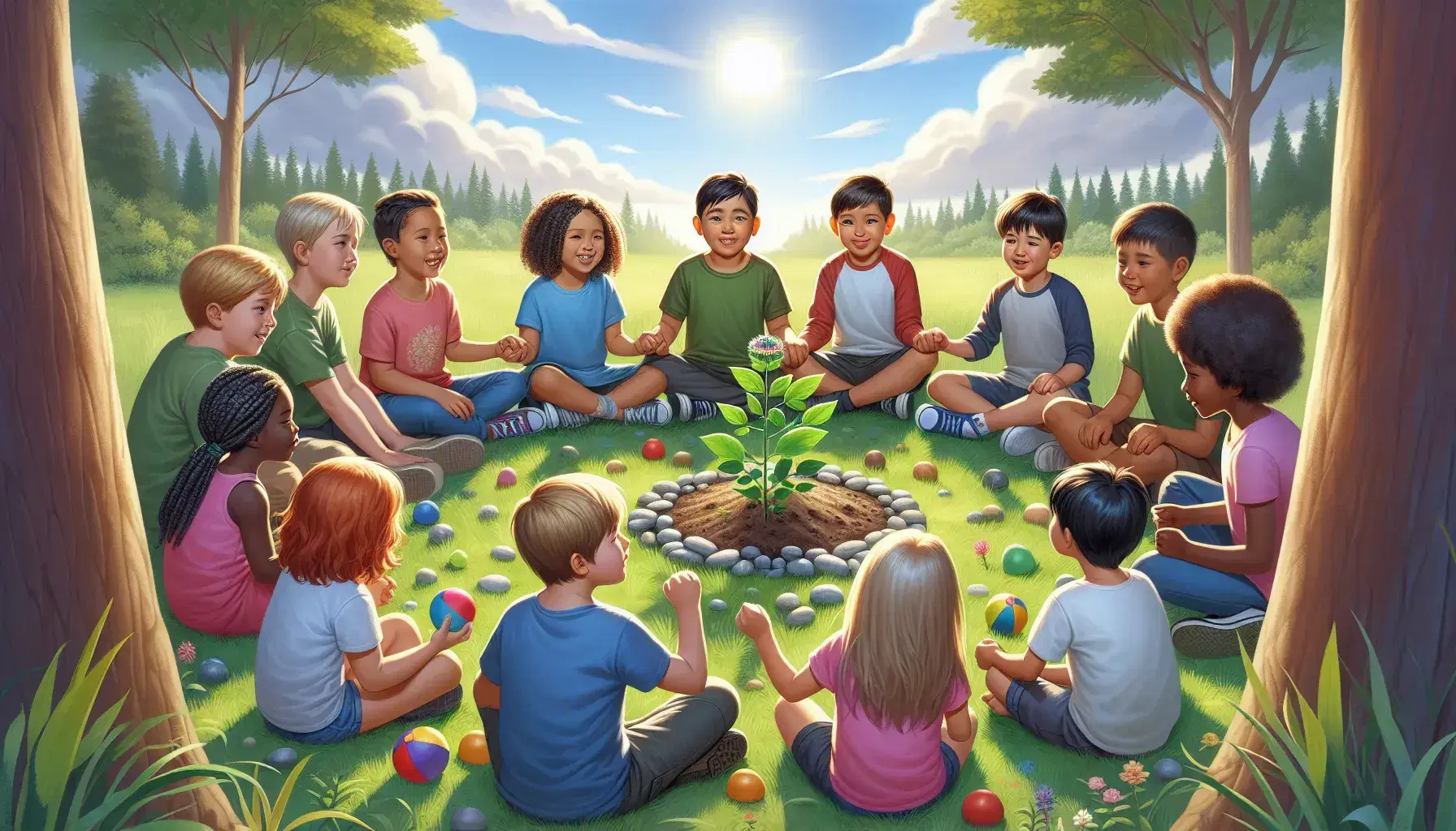Niños de diversas etnias sentados en círculo alrededor de una planta joven en un jardín improvisado, compartiendo juguetes y gestos de amistad en un día soleado.