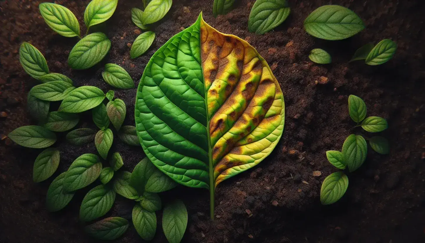 Healthy green leaf and yellowing leaf with brown spots on rich soil, highlighting plant health and nutrient deficiency issues.