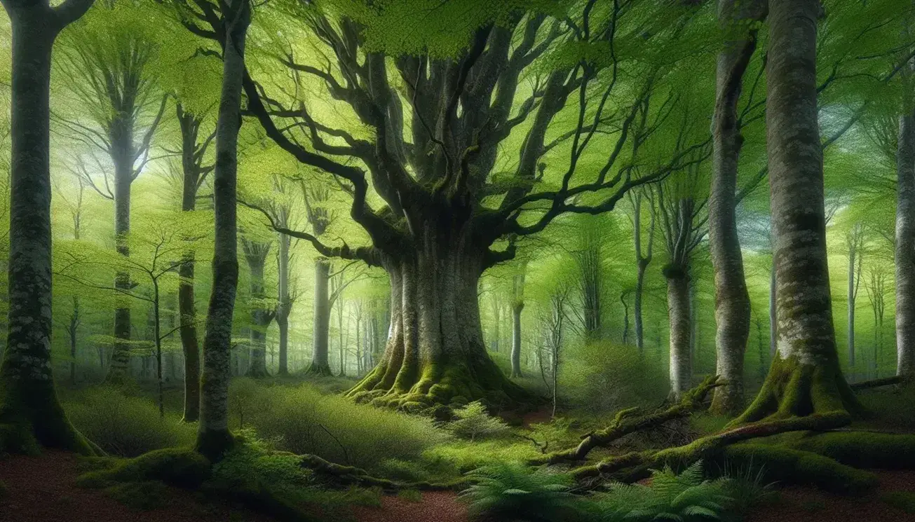 Foresta temperata europea in primavera con albero maestoso, foglie verdi, muschio, picchio e cervo tra la vegetazione.