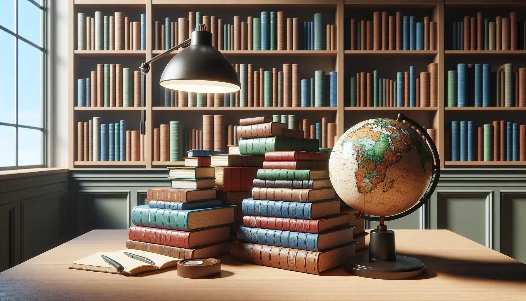 Mesa de madera con libros apilados y una lámpara encendida junto a un globo terráqueo en una biblioteca con estanterías llenas de libros al fondo.