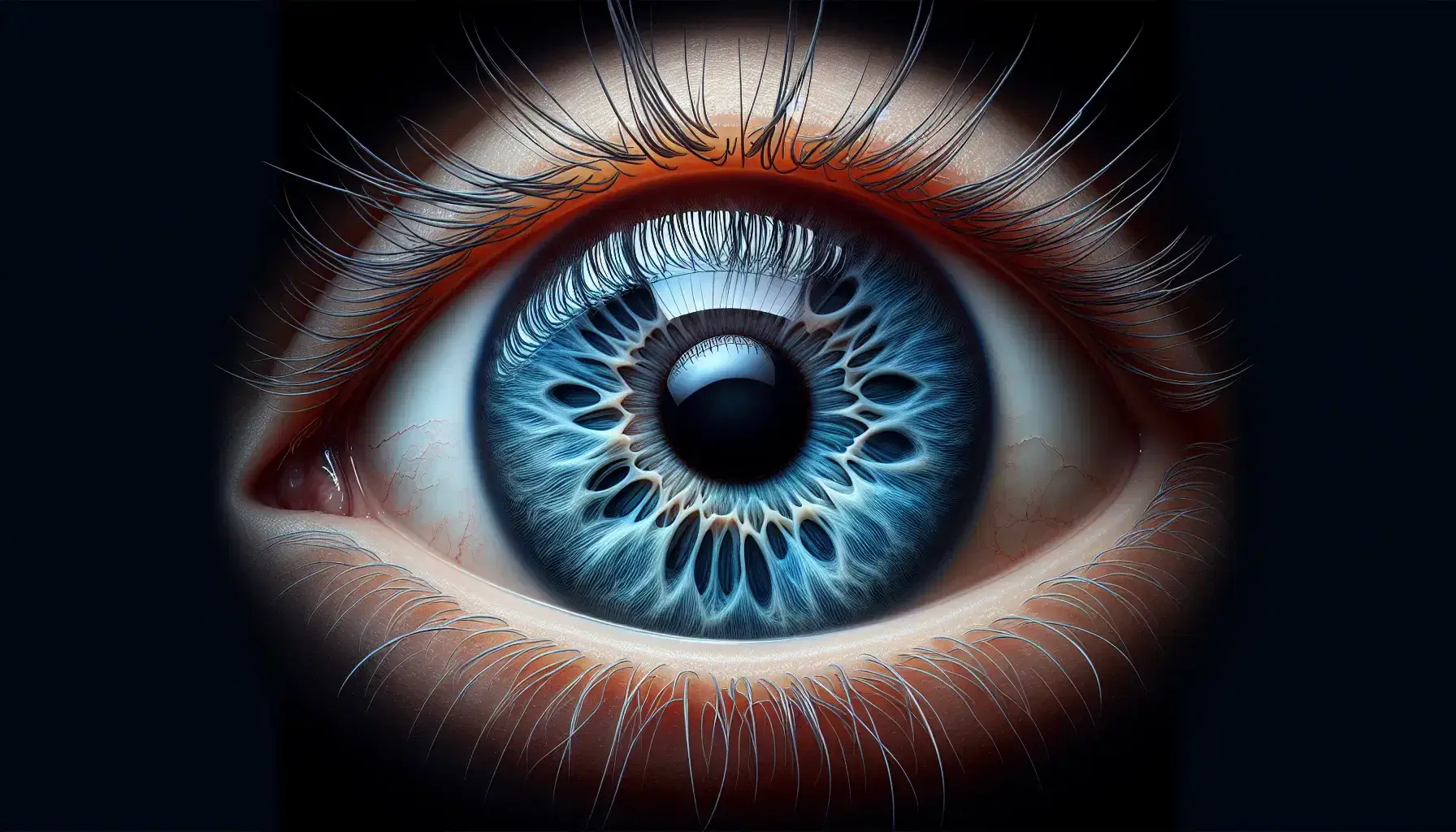 Ojo humano abierto con iris azul intenso, pupila negra, esclerótica blanca con venas rojas y pestañas negras curvadas, reflejo de luz en la córnea.
