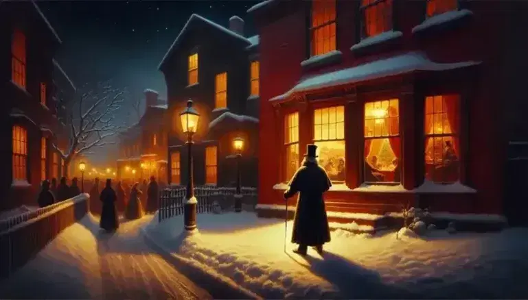 Escena nocturna victoriana con hombre en abrigo y sombrero junto a faroles de gas, observando una casa iluminada con personas reunidas, en una calle nevada.