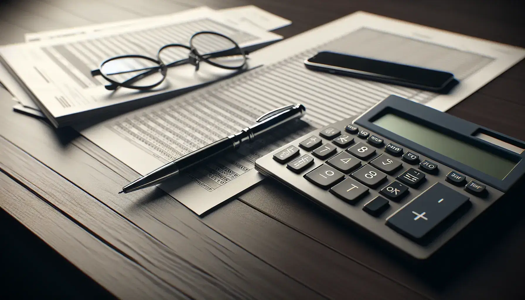 Primer plano de escritorio de madera con calculadora gris apagada, papeles de contabilidad, bolígrafo negro y gafas sobre documentos, junto a un smartphone negro.
