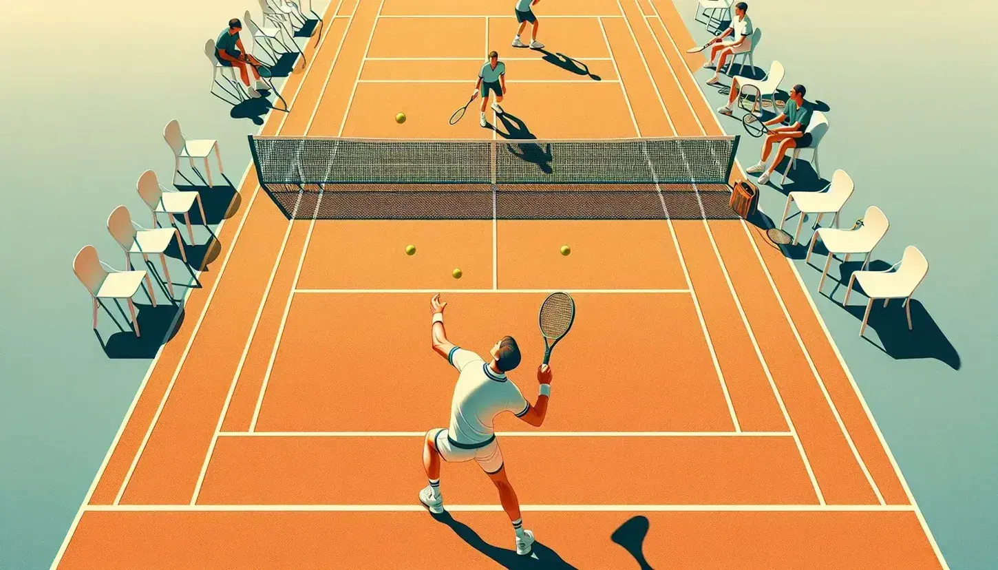 Giocatore di tennis in maglia bianca serve su campo in terra rossa, avversario in verde pronto al ricevimento, sedie vuote sullo sfondo.