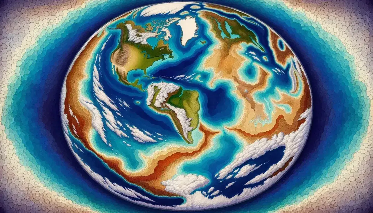 Rappresentazione artistica del supercontinente Pangea con montagne e valli, circondato dall'oceano Panthalassa, senza segni di vita moderna.