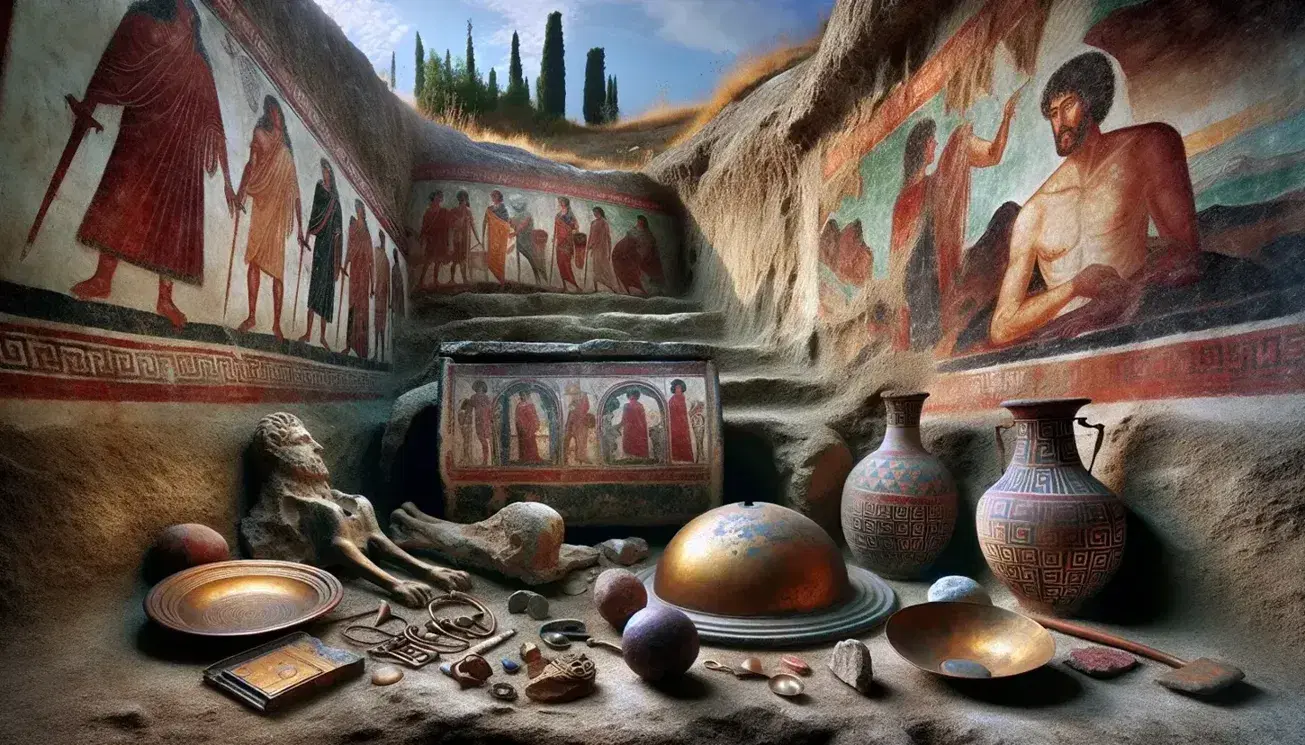 Tomba etrusca con affreschi e oggetti ritrovati: vaso ceramico, statuetta in bronzo, gioiello d'oro e specchio, su sfondo di paesaggio toscano.