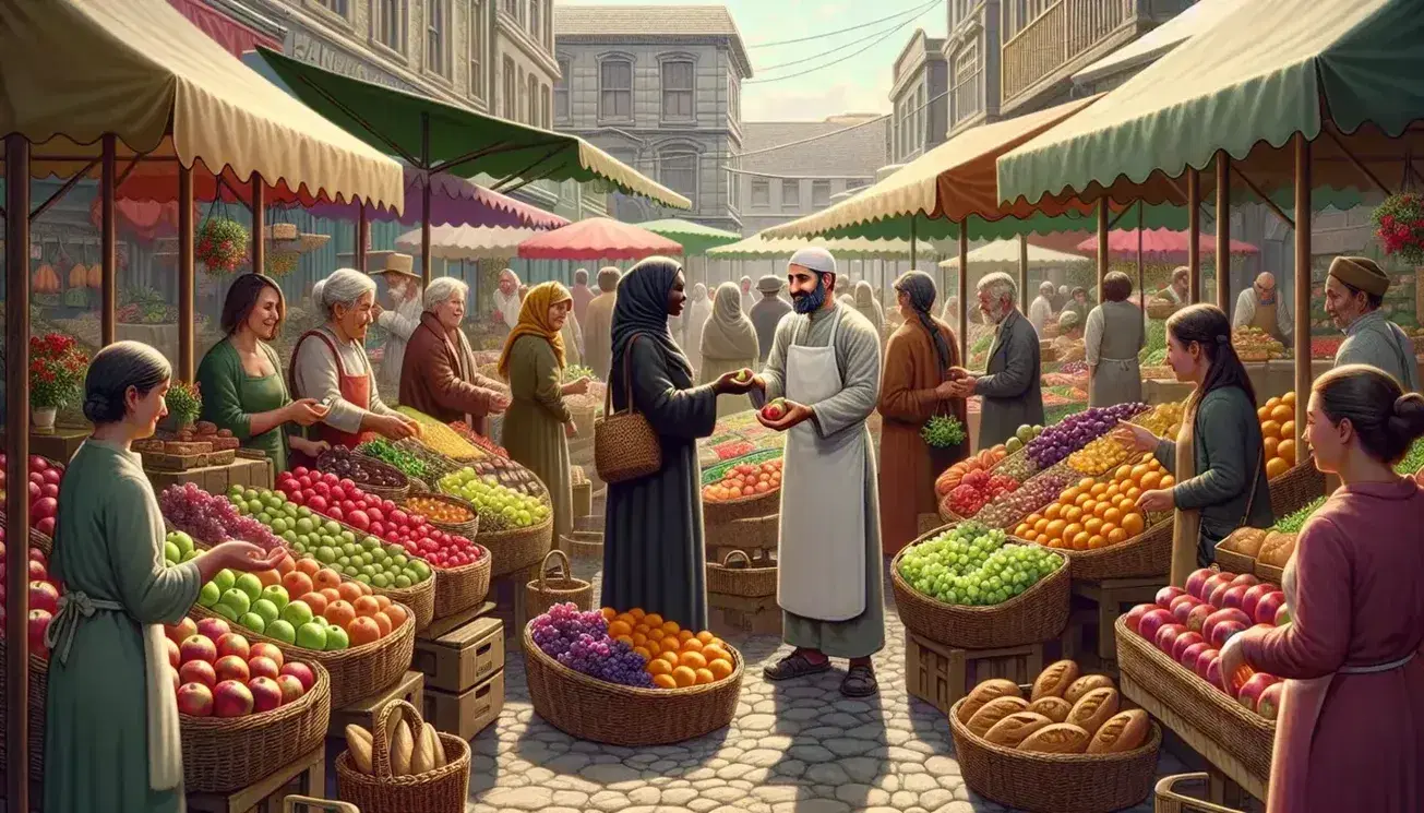 Vibrant outdoor market scene with diverse vendors and customers, fresh fruit stand in the foreground, flower and bread stalls nearby, under a clear blue sky.
