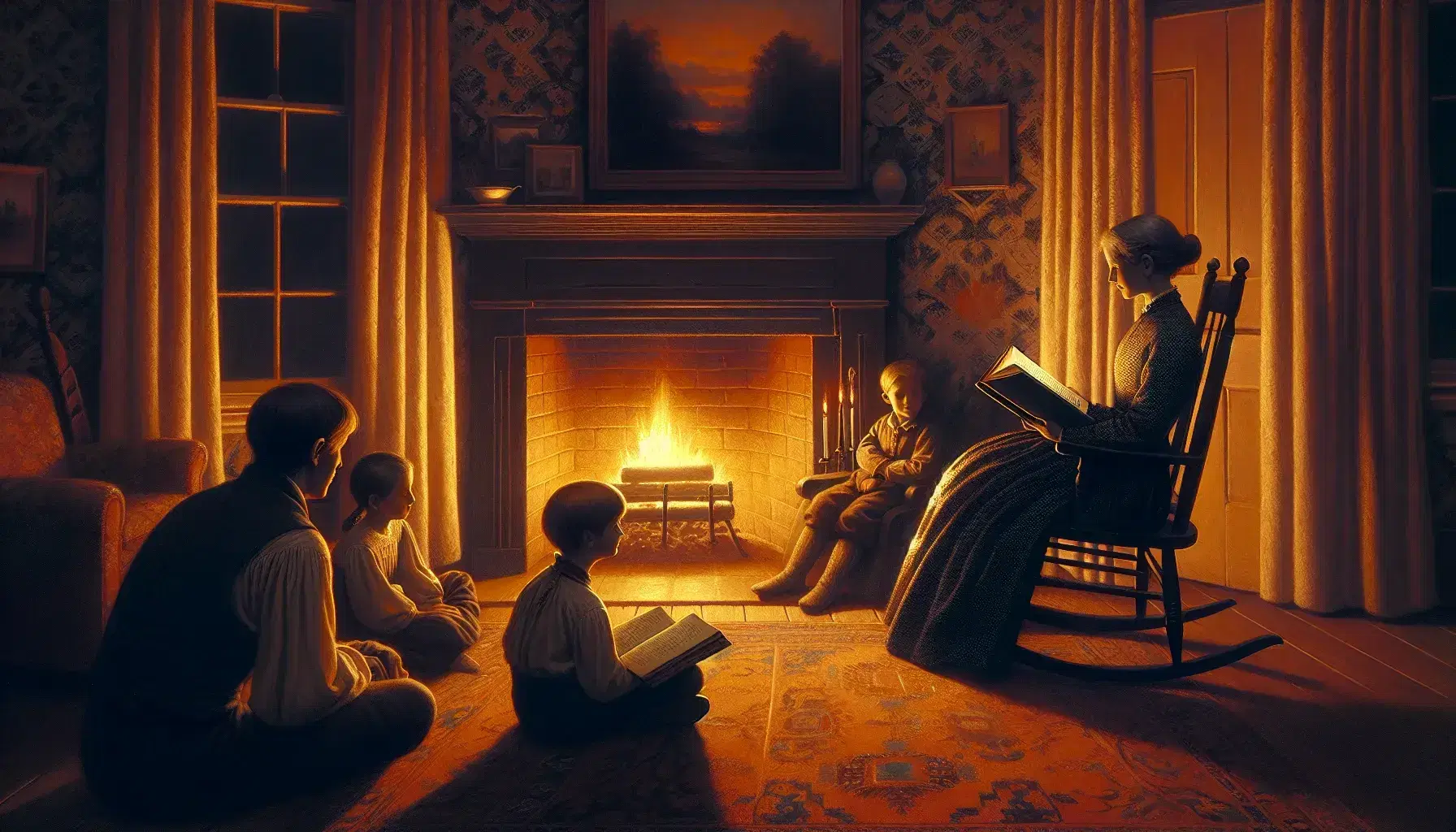 19th-century American living room at dusk with a family around a fireplace, parent reading aloud, children listening intently, warm lighting, and vintage decor.