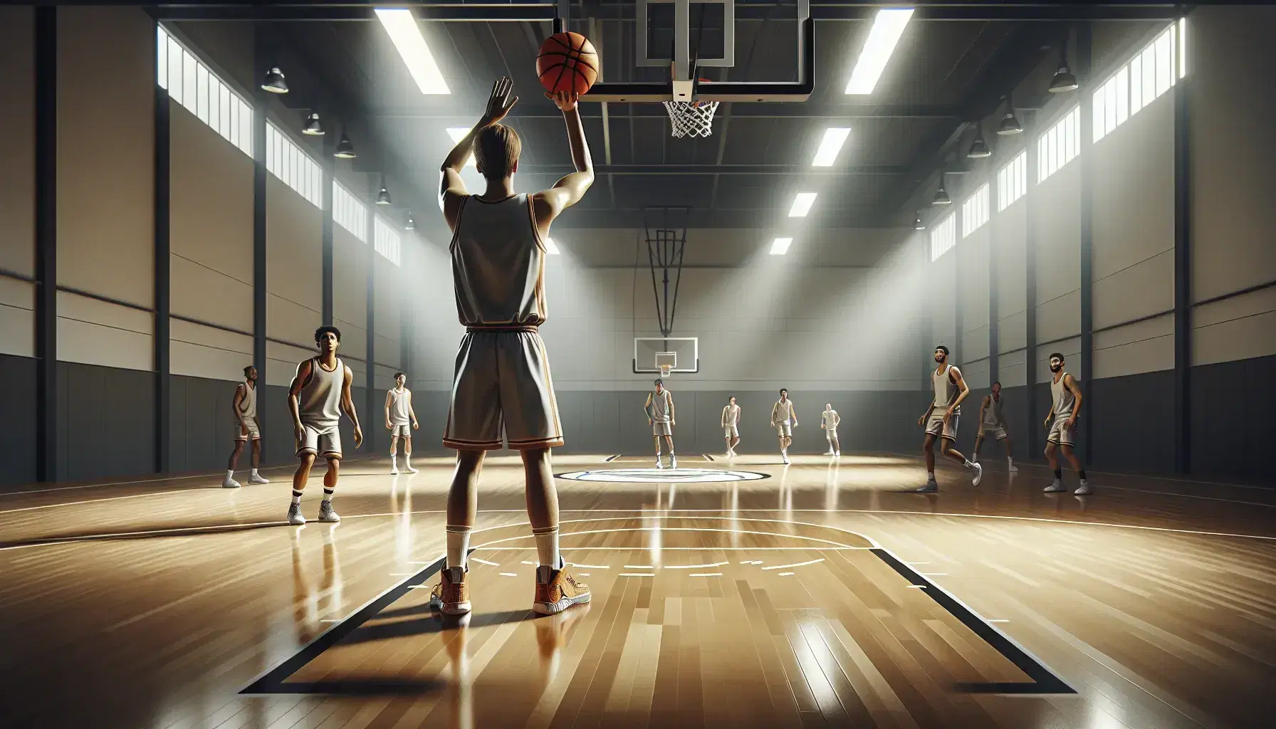 Partido de baloncesto en gimnasio iluminado con jugador atacando y saltando hacia el aro y defensor intentando bloquear manteniendo la verticalidad.