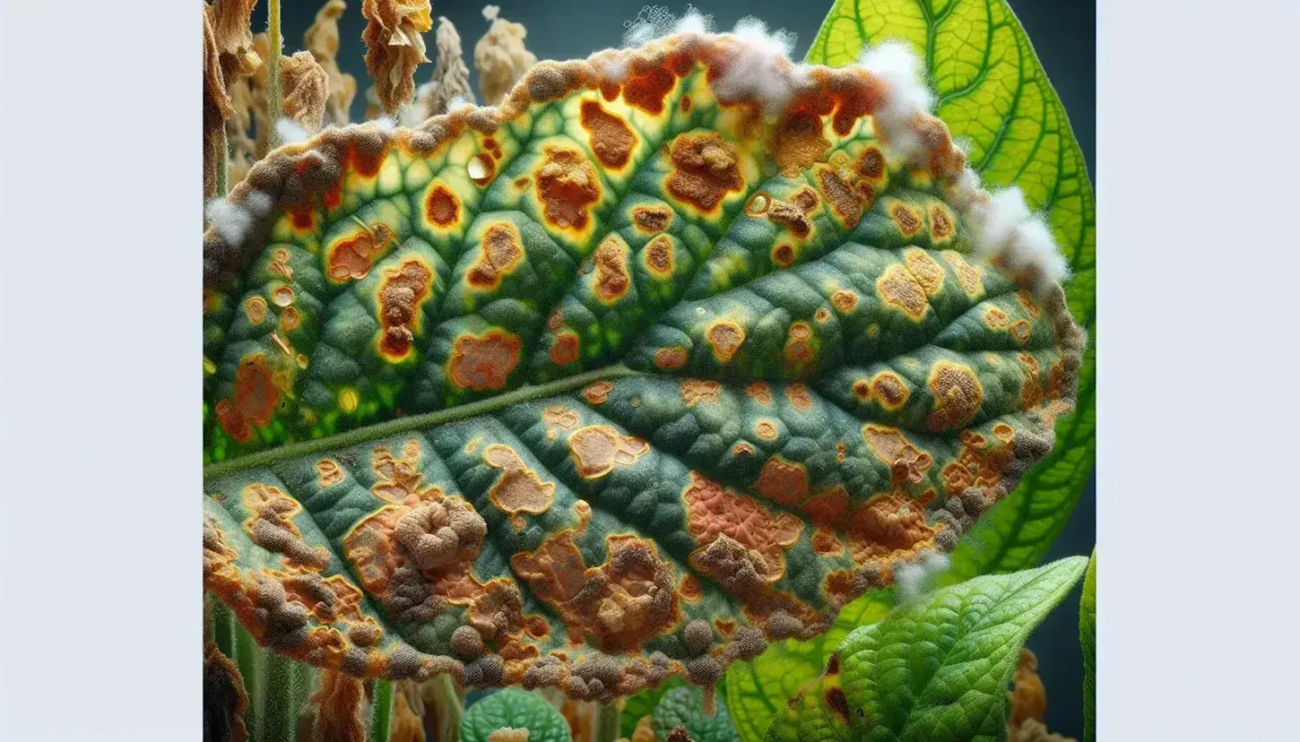 Close-up of a plant leaf with brown and yellow lesions, water-soaked edges, and white mycelium indicative of oomycete infection, against a blurred foliage background.