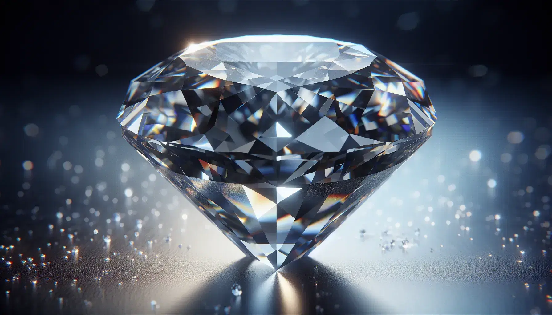 Close up of a clear crystalline round brilliant cut diamond, sharp facets reflecting a rainbow of colors on dark blurry background.