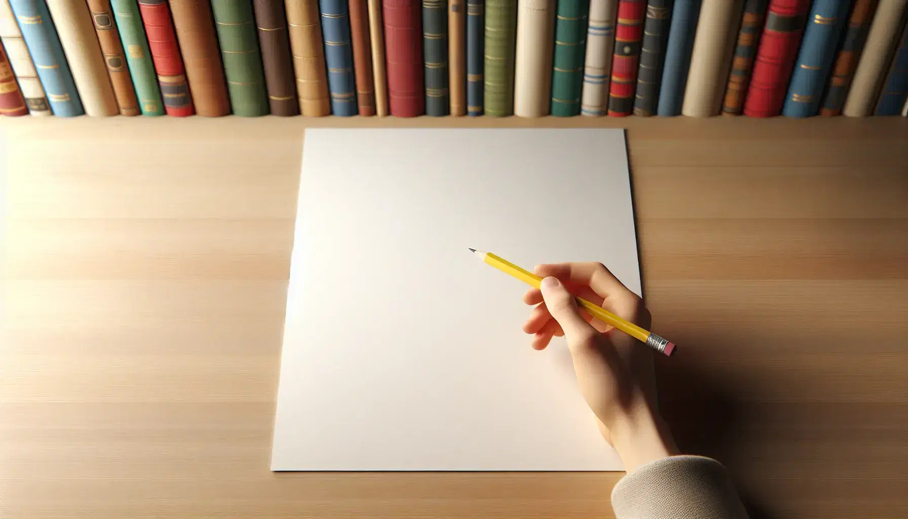 Mano sujetando lápiz amarillo afilado sobre hoja blanca en superficie de madera clara, con estantería de libros coloridos desenfocados al fondo.