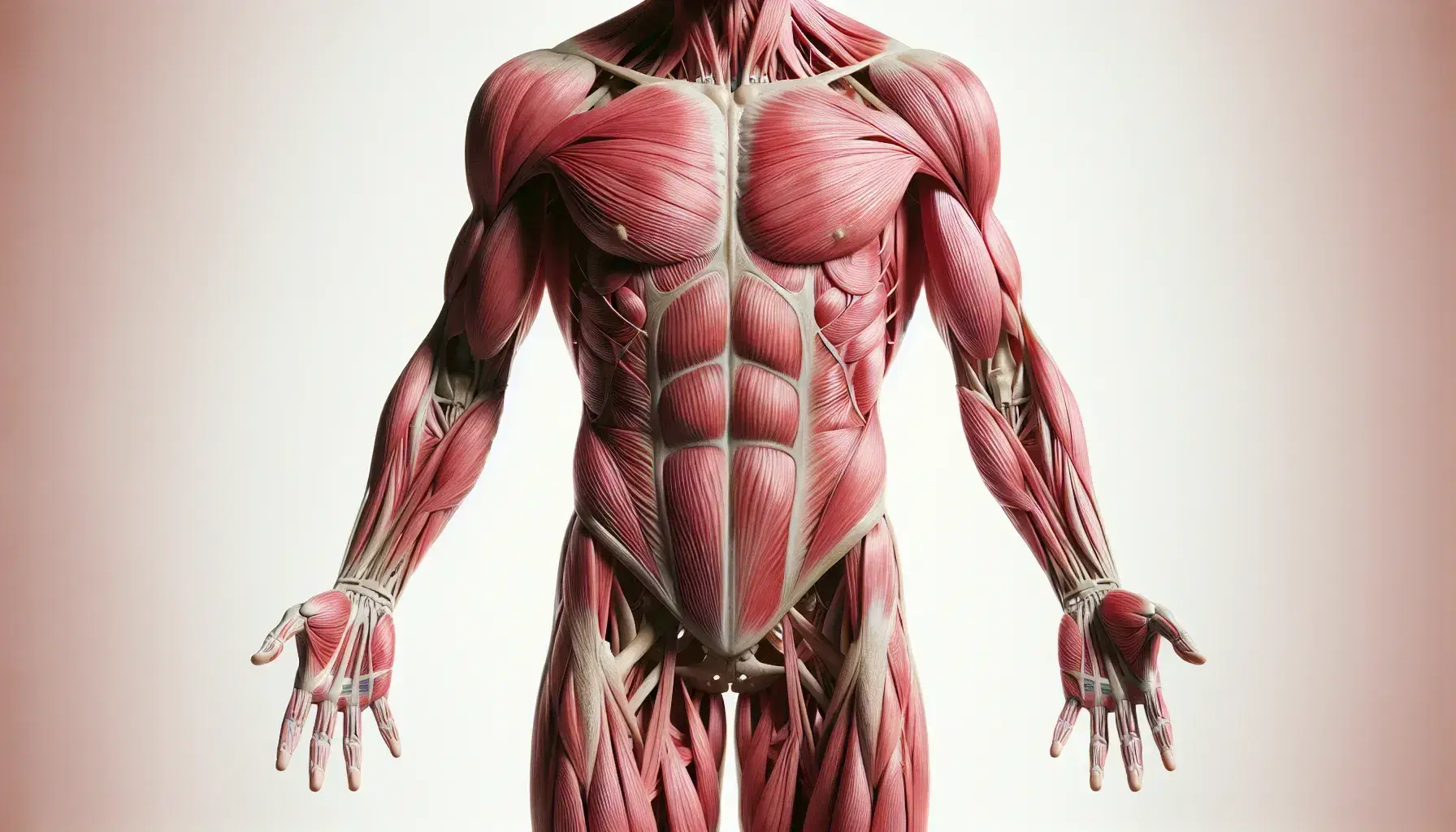 Vista anatómica detallada de un cuerpo humano sin piel mostrando la red de músculos sobre el esqueleto, con músculos en tonos de rojo y rosa.