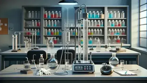Laboratorio de física con experimento de fluidos, cronómetro digital, balanza apagada, guantes blancos y gafas de seguridad en mesa de trabajo.