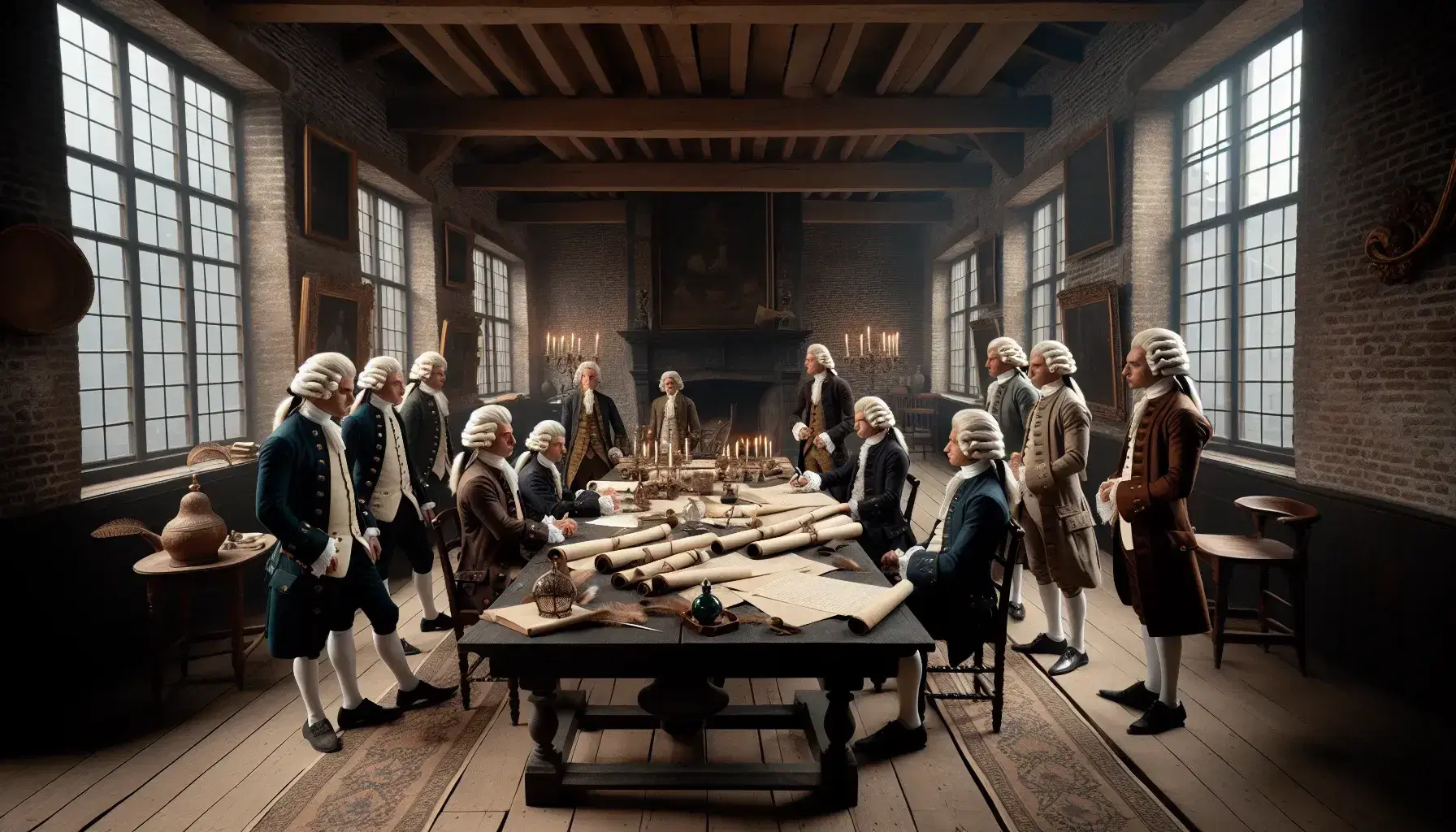 Grupo de hombres en trajes del siglo XVIII deliberando alrededor de una mesa con documentos y plumas, en una sala histórica iluminada naturalmente.