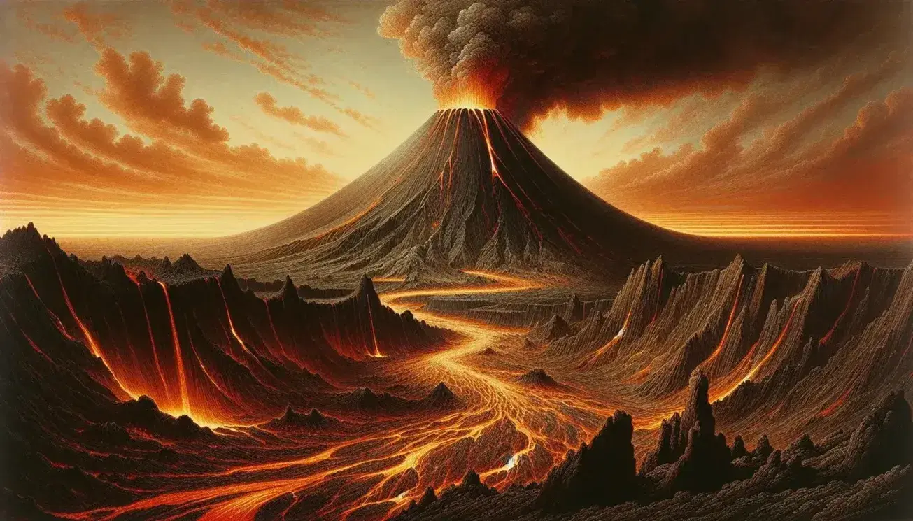 Eruzione vulcanica con colonna di fumo e lava incandescente che scorre lungo il pendio, cielo arancione riflesso e terreno roccioso.