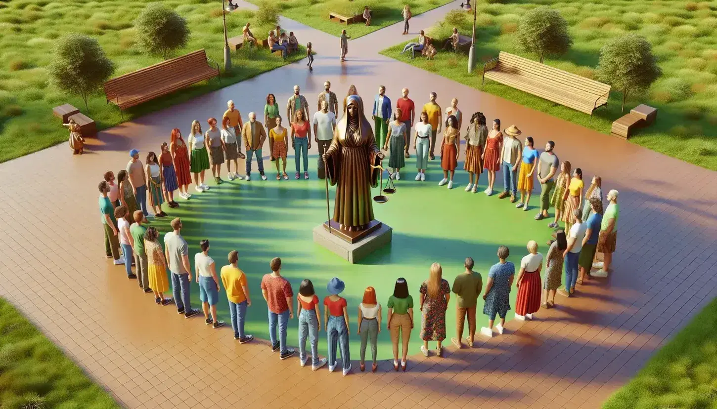 Grupo diverso de personas contempla estatua de figura de autoridad con balanza y mazo en parque urbano con bancos y árboles en día soleado.