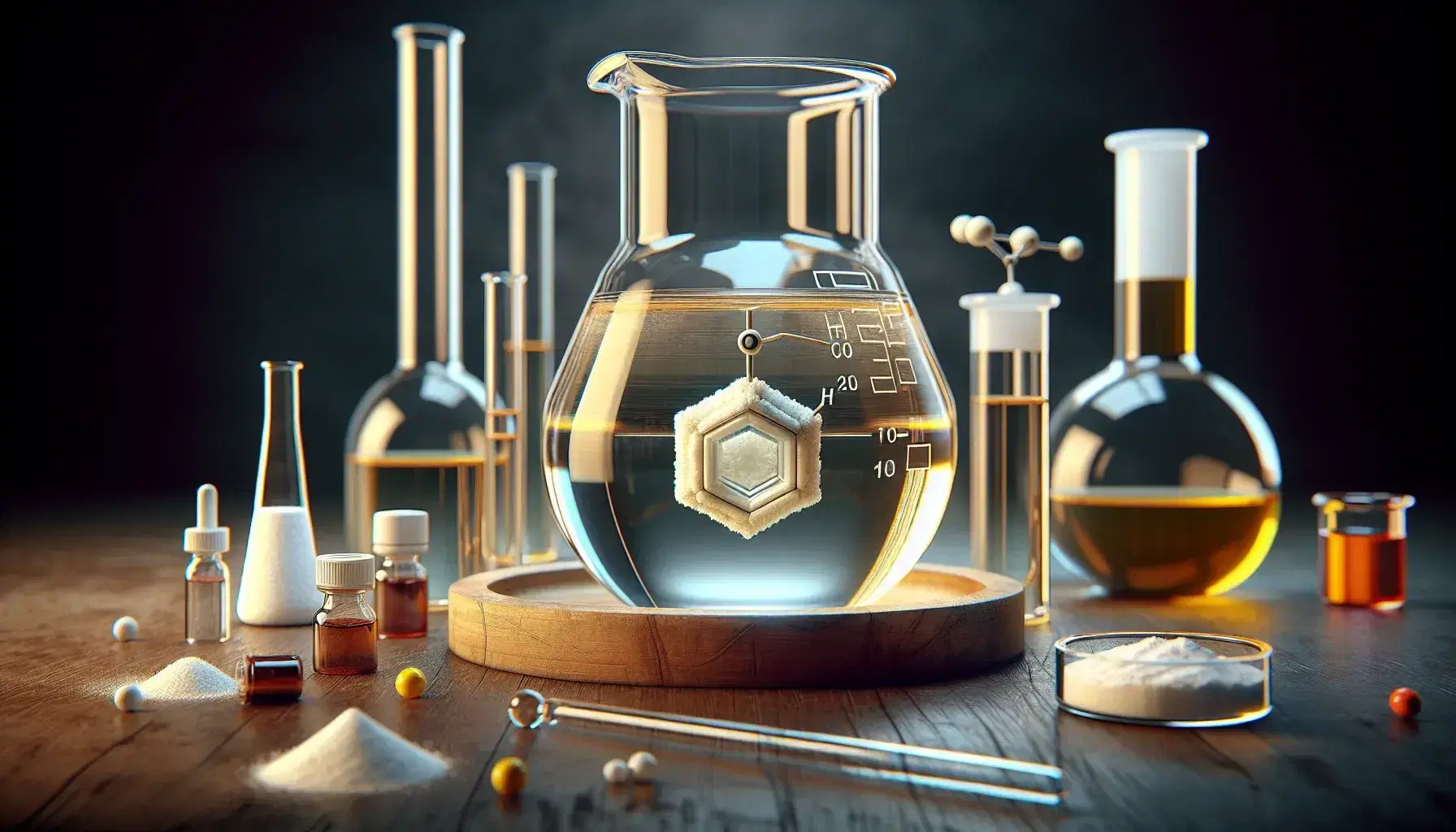 Glass bottle with yellow liquid and white hexagonal crystal, jars with colored powders, petri dish with red crystals, mortar and gas burner in laboratory.