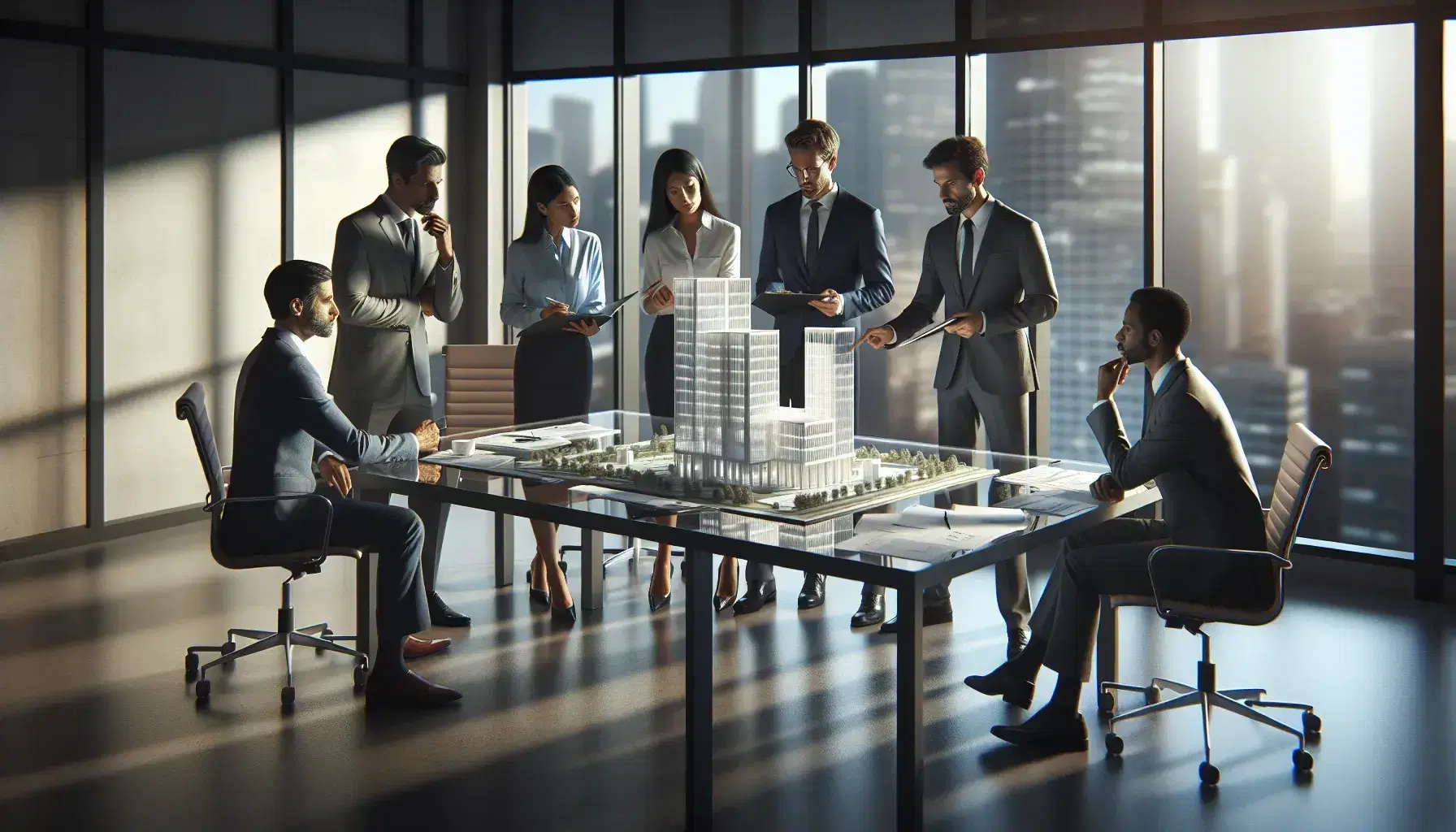 Diverse team of professionals analyzing architectural model in a well-lit office with city views, indicating collaboration and strategic planning.
