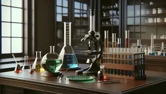 Science laboratory with wooden table, colored test tubes, microscope, petri dish with green substance and window to blue sky.