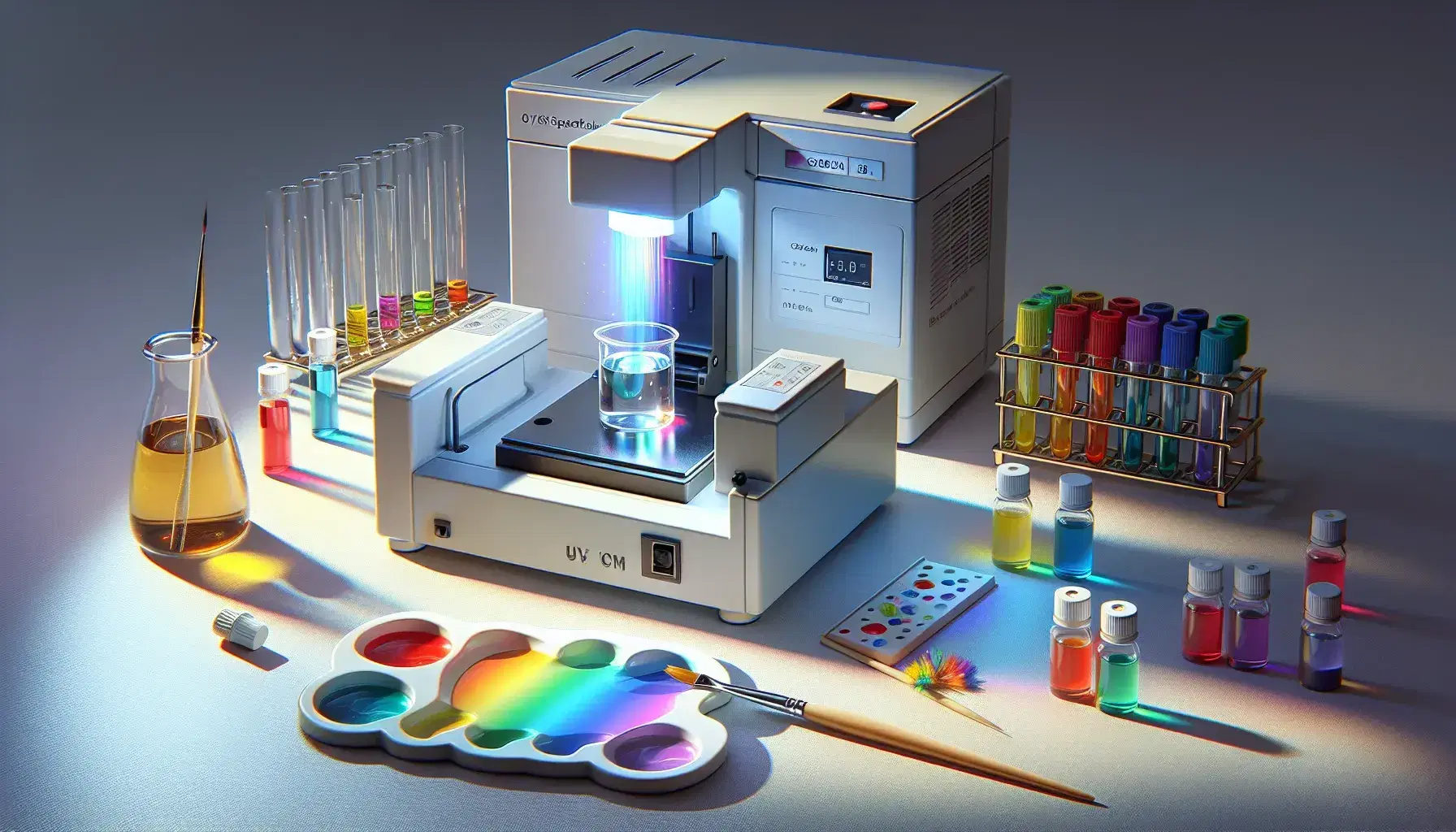 Espectrofotómetro UV/Vis abierto con cuveta de cuarzo y muestra líquida, luz dispersándose en colores sobre superficie blanca, paleta de pintura y pinceles al lado, tubos de ensayo con líquidos coloridos al fondo.