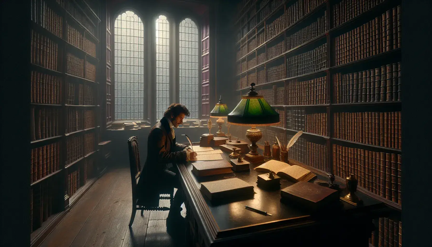 Uomo in abito scuro seduto a scrivere con penna d'oca in biblioteca antica, tra libri in pelle e luce soffusa da lampada.