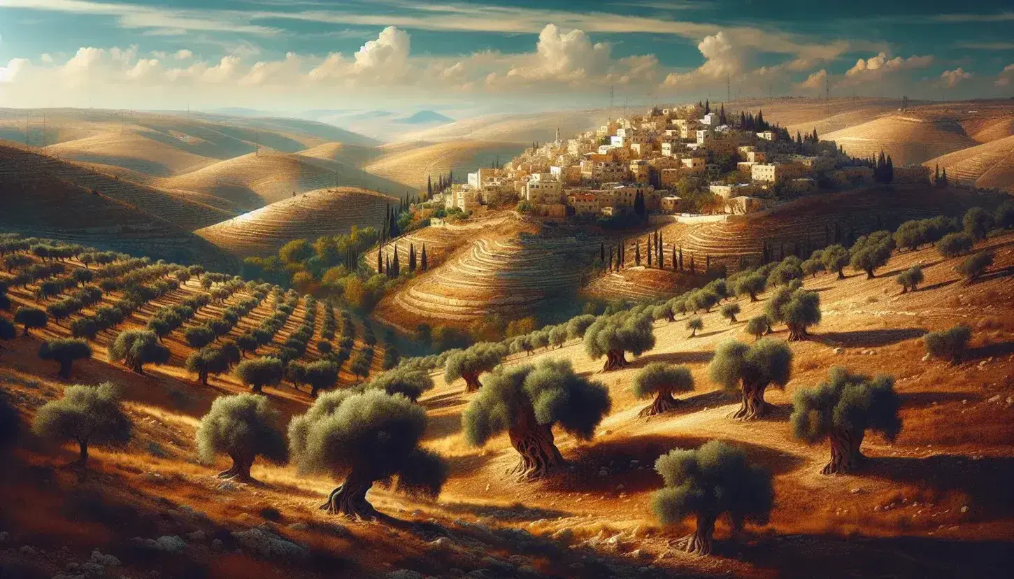 Paesaggio collinare palestinese con ulivi secolari, città antica su collina e mura di pietra, cielo azzurro senza segni moderni.