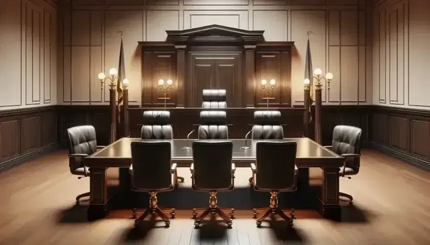 Sala de tribunal vacía con mesa de madera oscura, sillas de cuero negro, estrado con silla de juez, podio y banderas a los lados, iluminada suavemente.