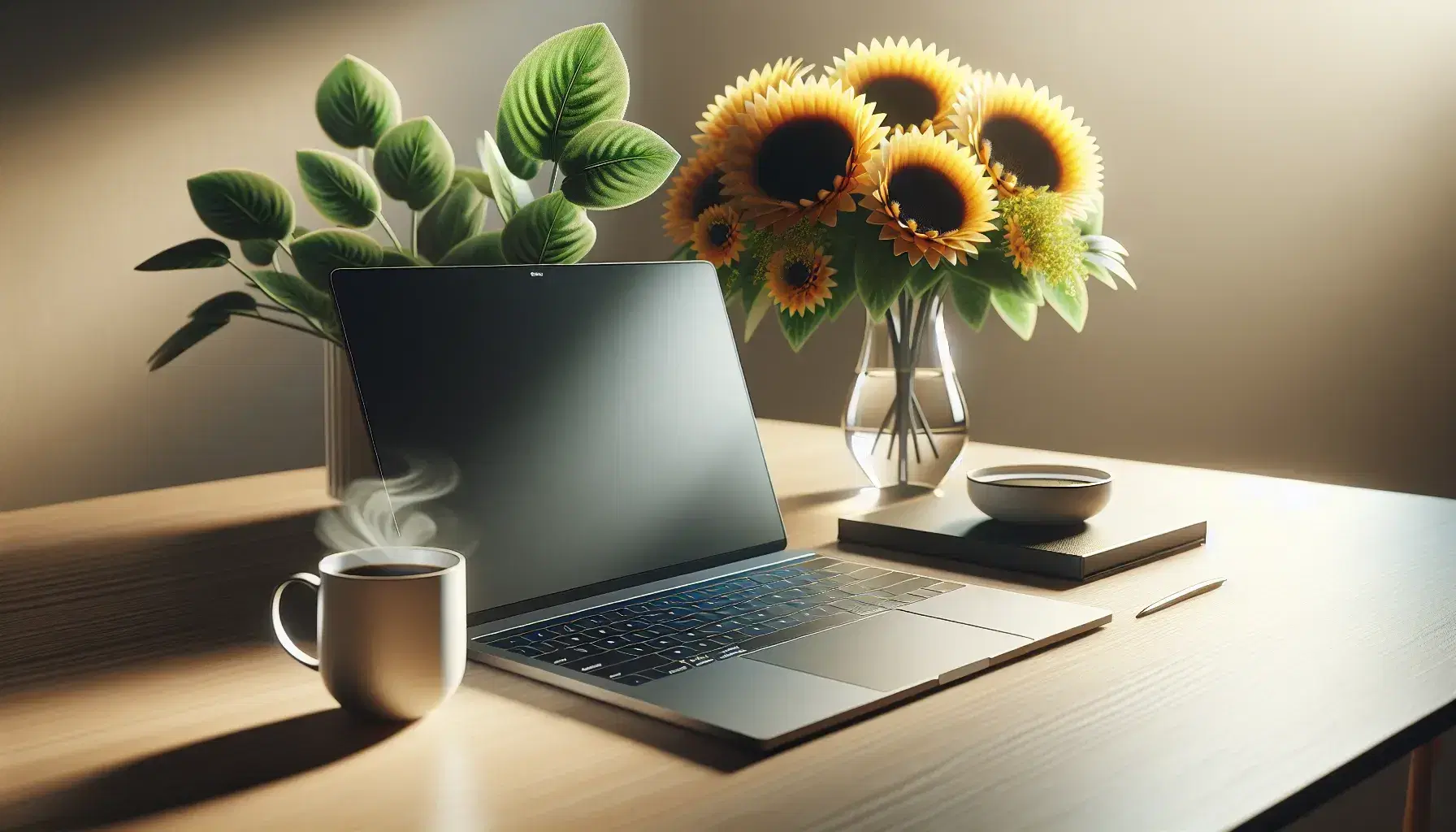 Tidy desk with turned off modern laptop, white cup of coffee with steam, green plant and pot of yellow sunflowers on blurred background.