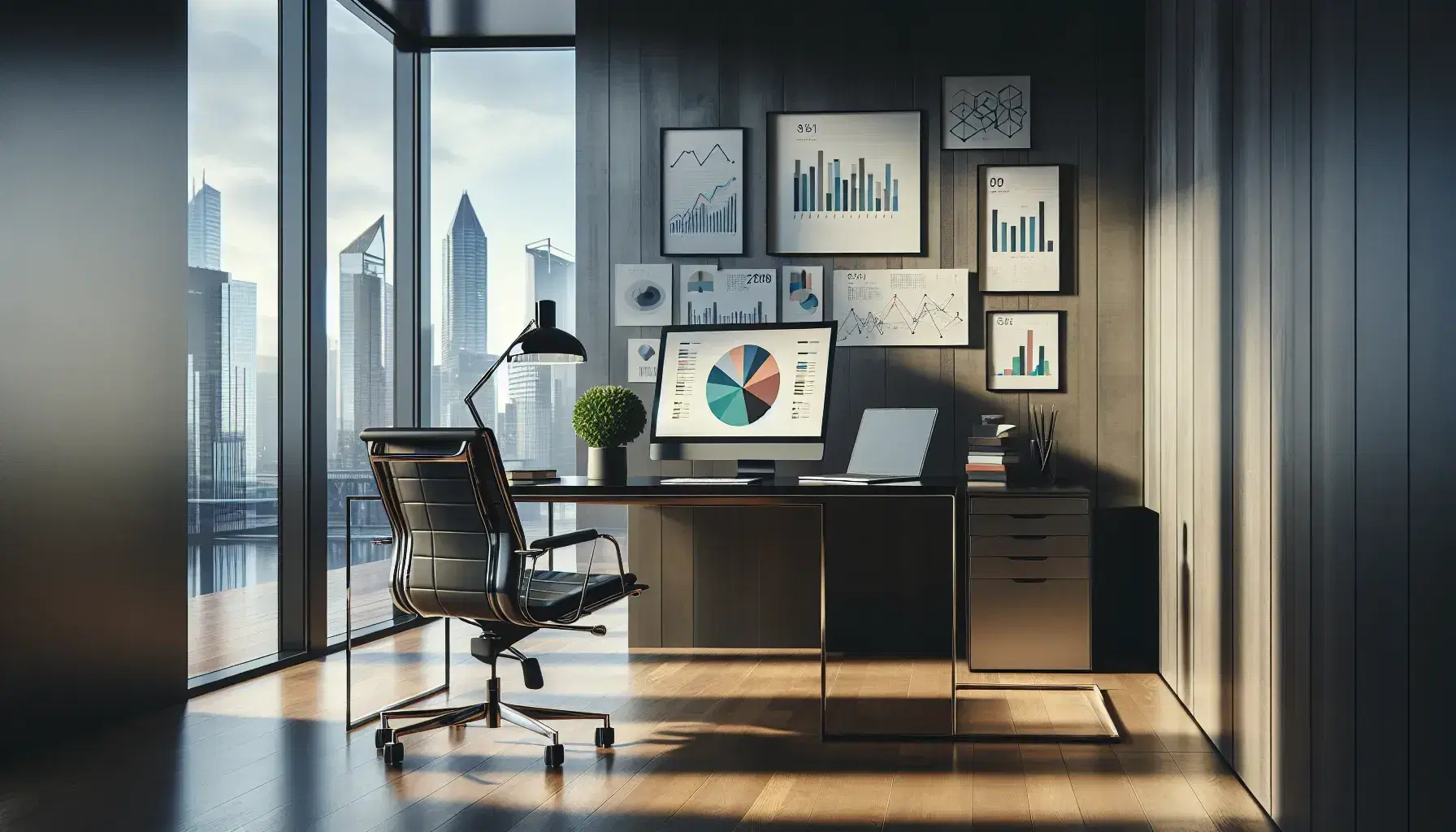 Modern office with a wooden desk featuring a computer monitor displaying a pie chart, a laptop, papers with graphs, a desk lamp, and a city skyline view.