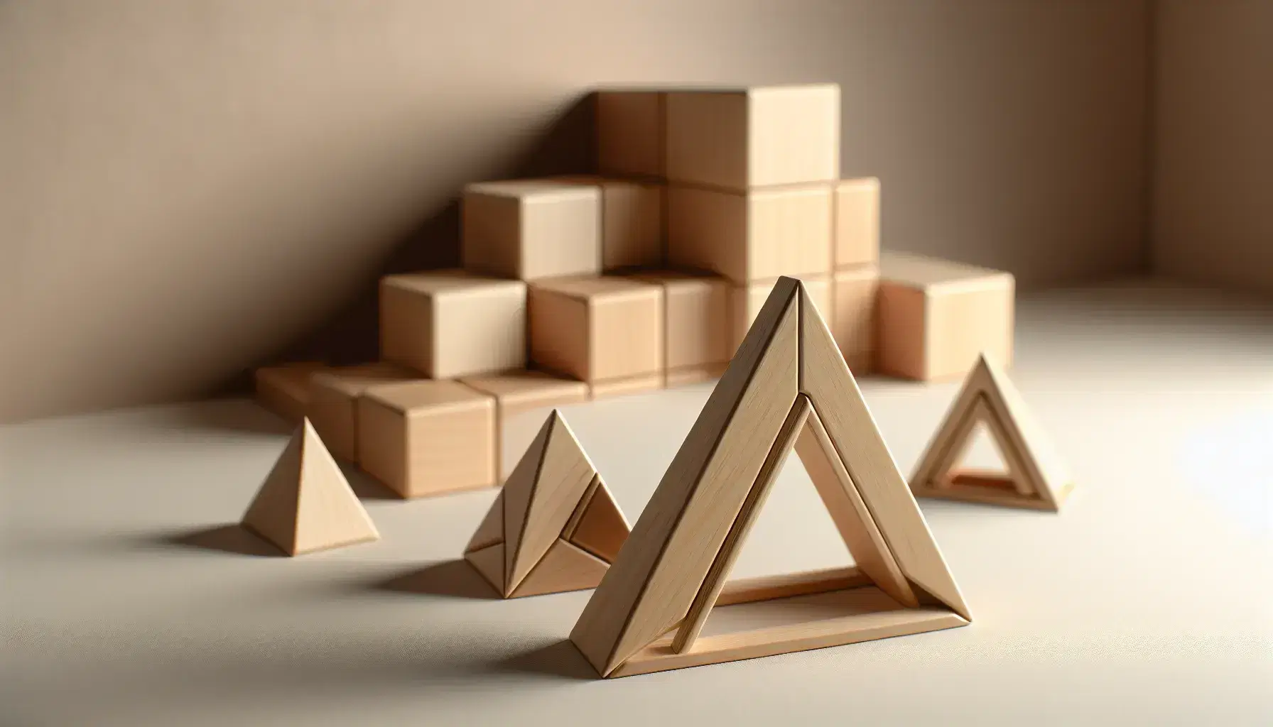 Conjunto de figuras geométricas de madera en 3D con triángulos equiláteros y cubos idénticos junto a una escalera de perspectiva en superficie lisa.