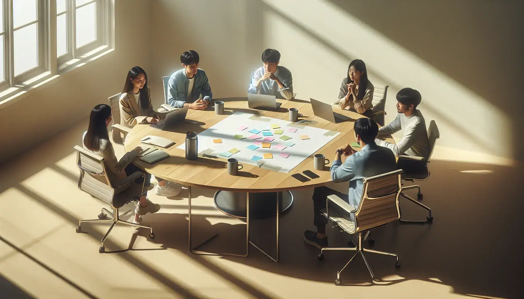 Diverse team collaborates around a wooden table with laptops, sticky notes, and mugs in a well-lit, minimalist room.