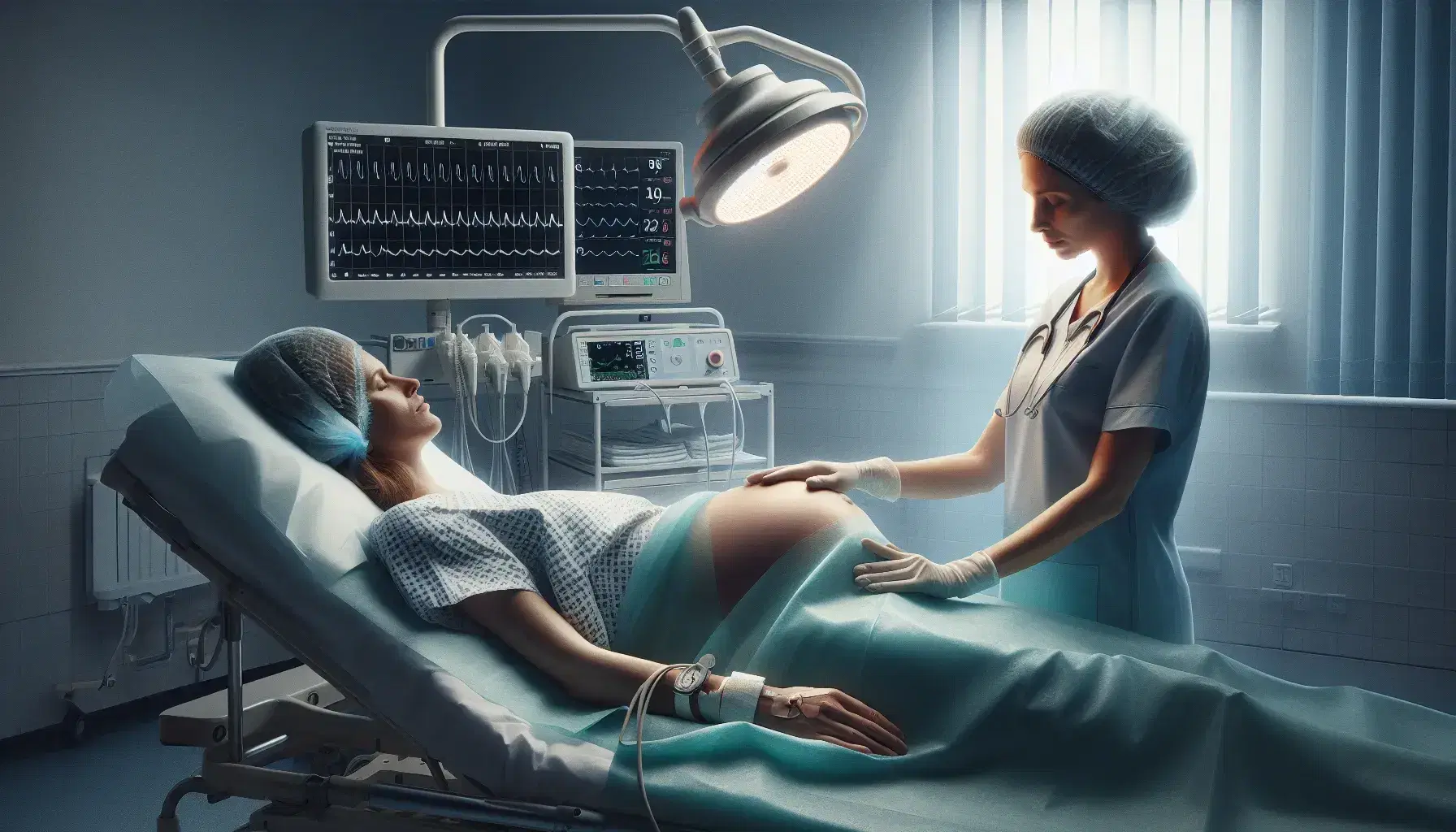 Ostetrica in uniforme azzurra conforta donna incinta su letto ospedaliero, monitor medico e strumenti in sfondo.