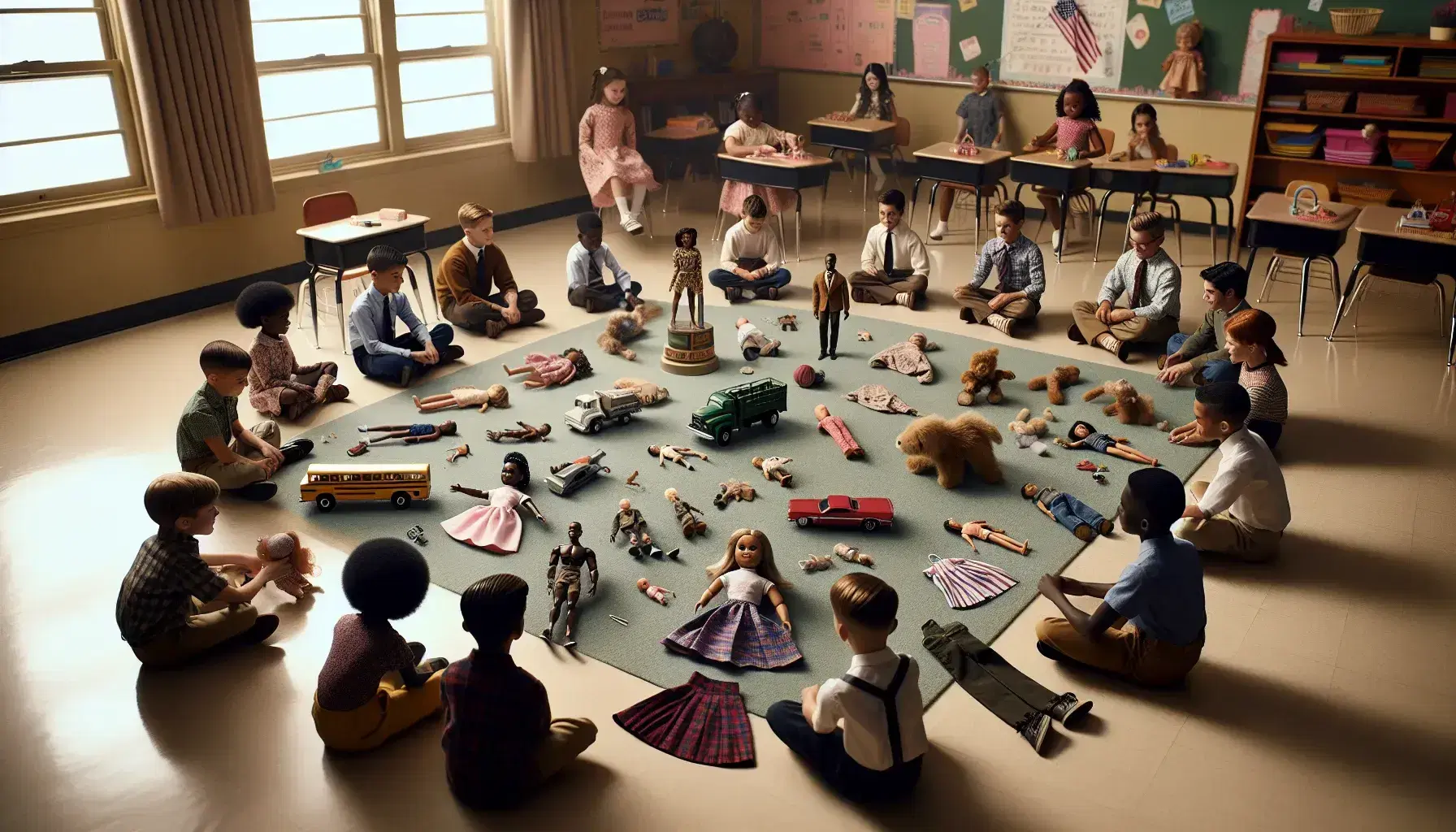 Children of different ethnicities sitting in a circle in the school classroom, choosing toys and clothes such as dolls, action figures and a toy truck.